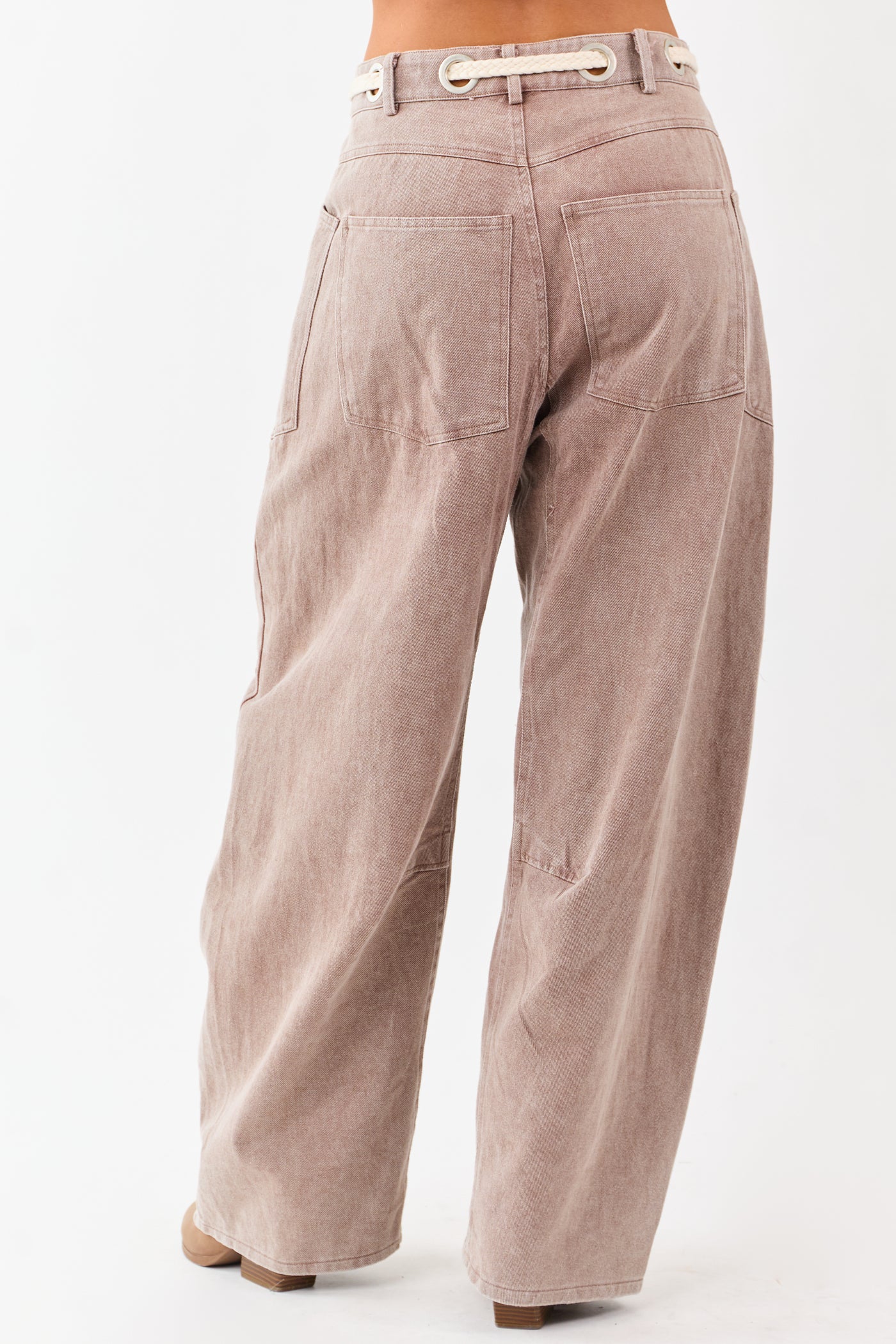 Mocha Denim Paisley Patch Waist Tie Barrel Pants