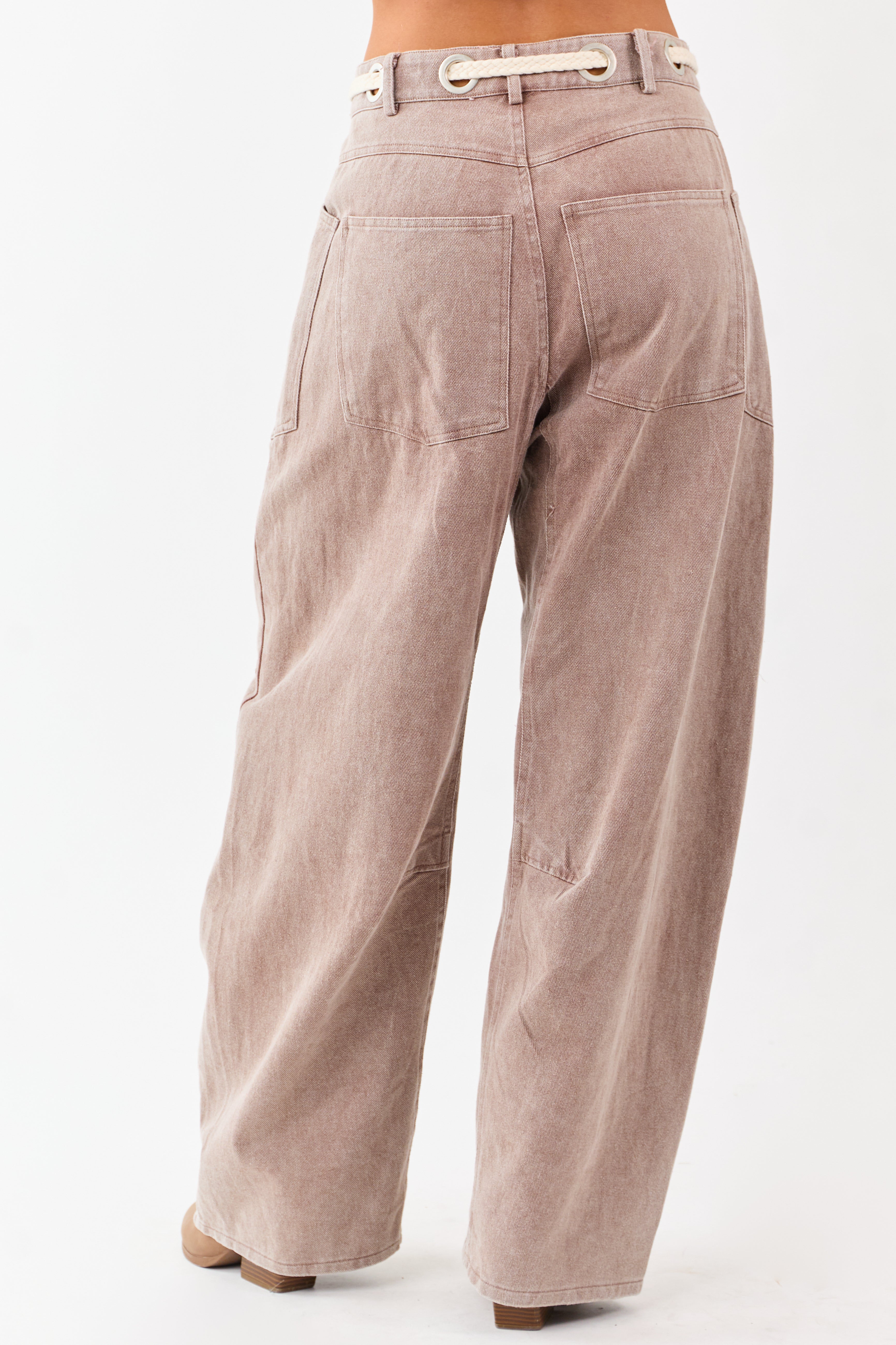 Mocha Denim Paisley Patch Waist Tie Barrel Pants