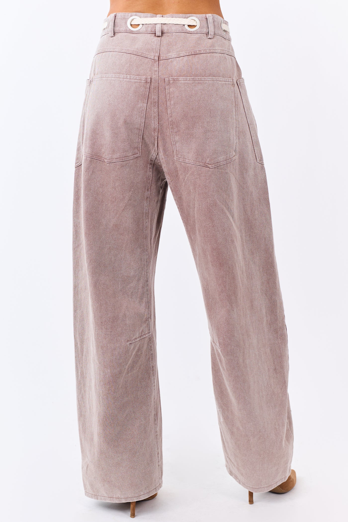 Mocha Denim Paisley Patch Waist Tie Barrel Pants