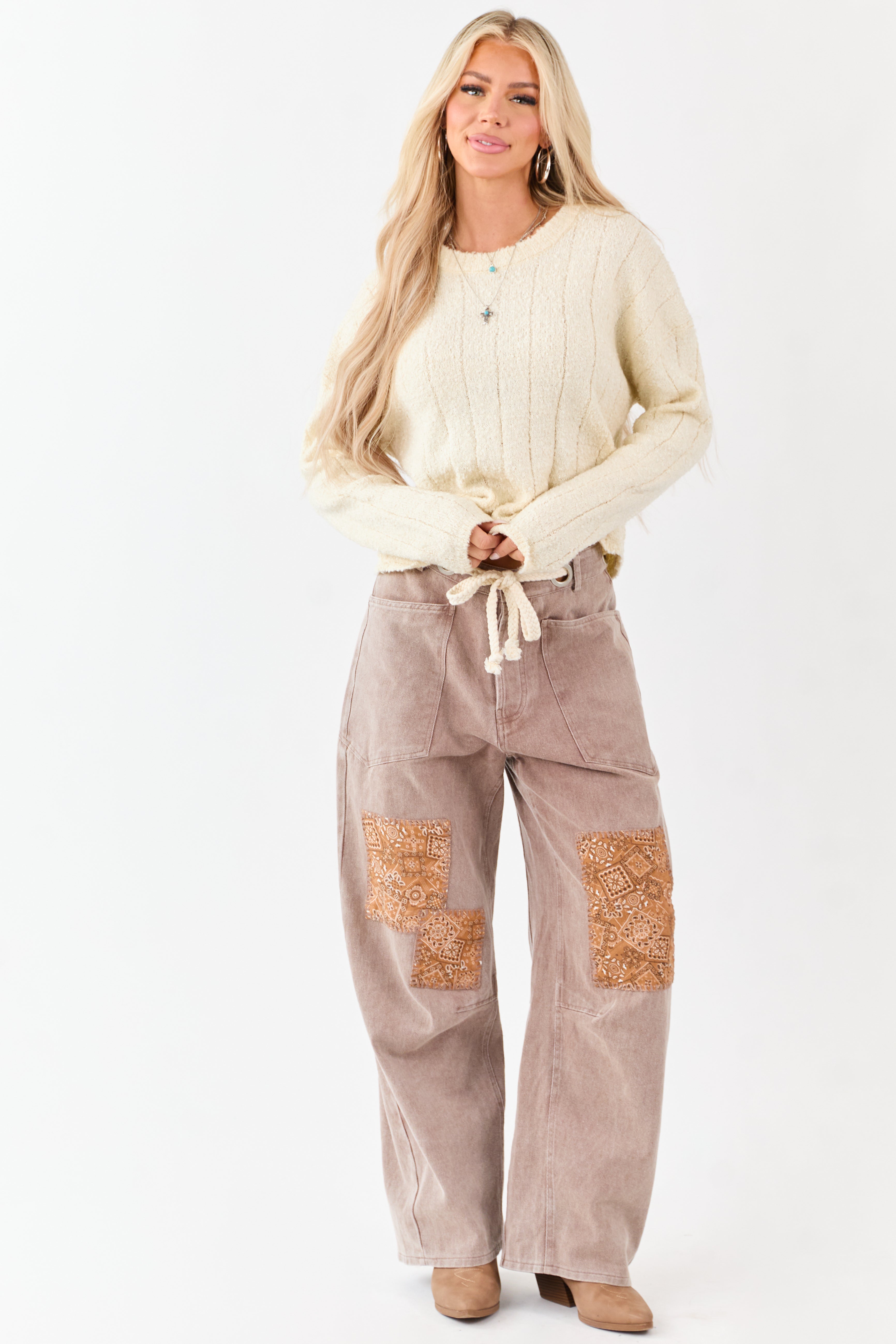 Mocha Denim Paisley Patch Waist Tie Barrel Pants