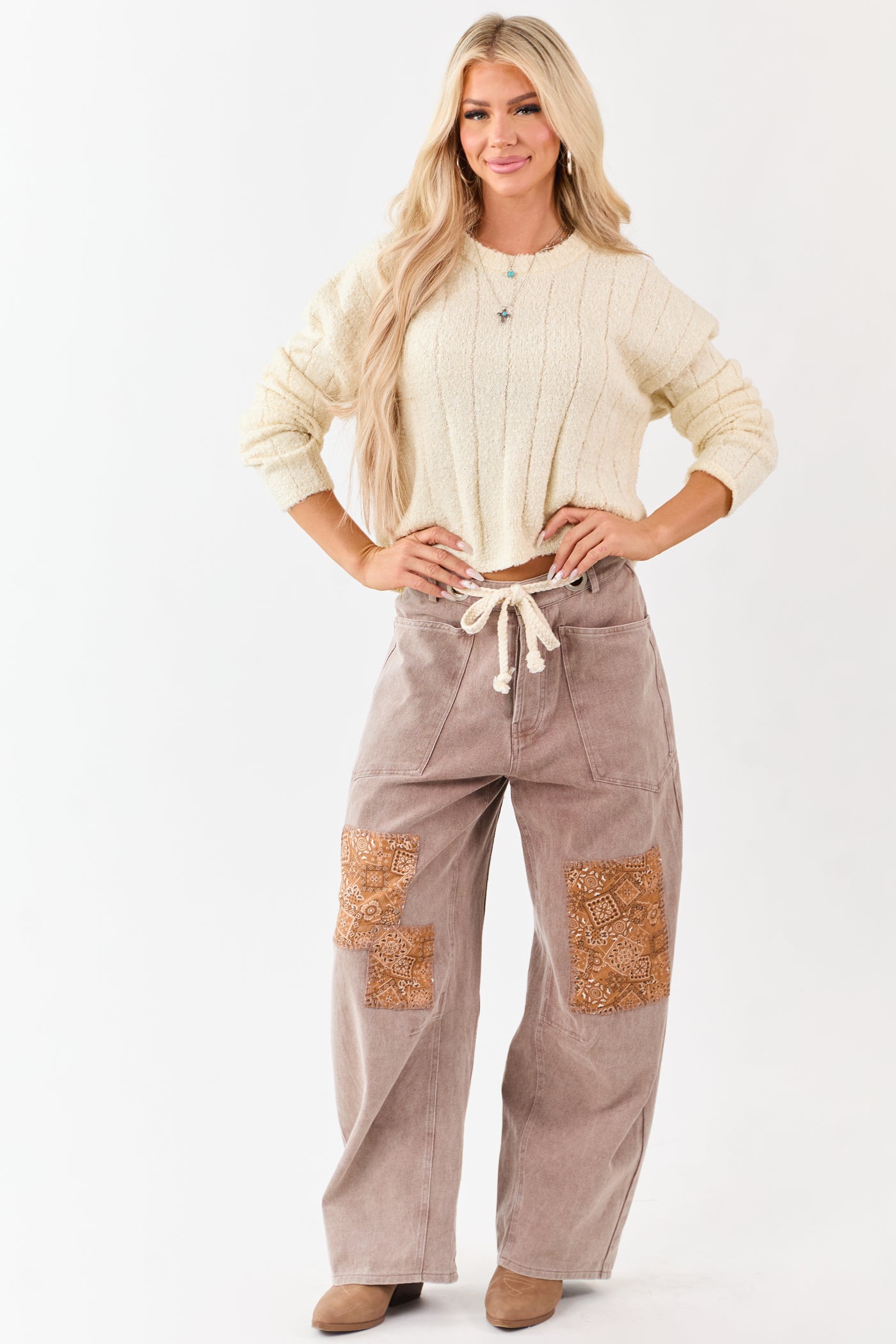 Mocha Denim Paisley Patch Waist Tie Barrel Pants
