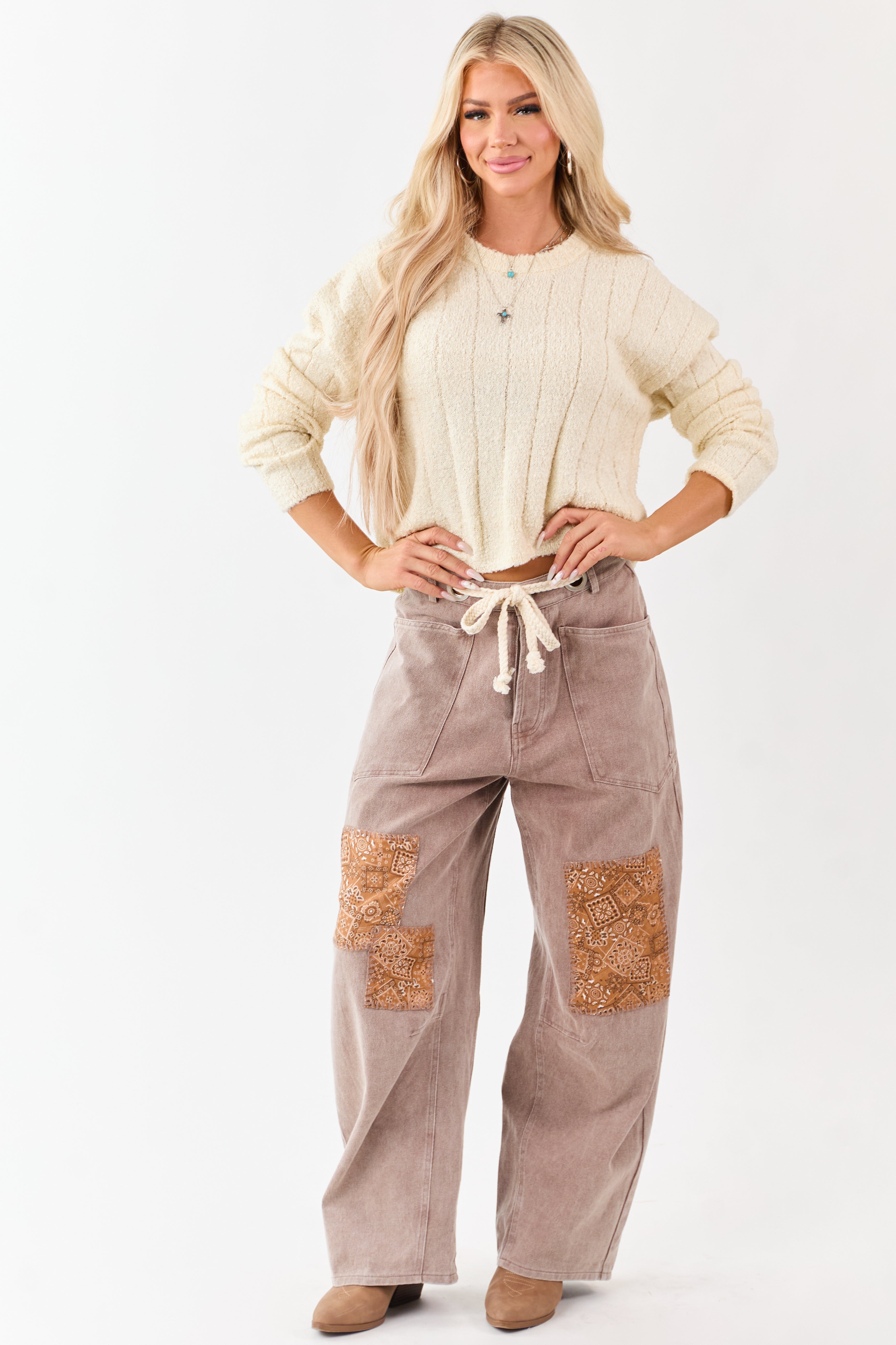 Mocha Denim Paisley Patch Waist Tie Barrel Pants