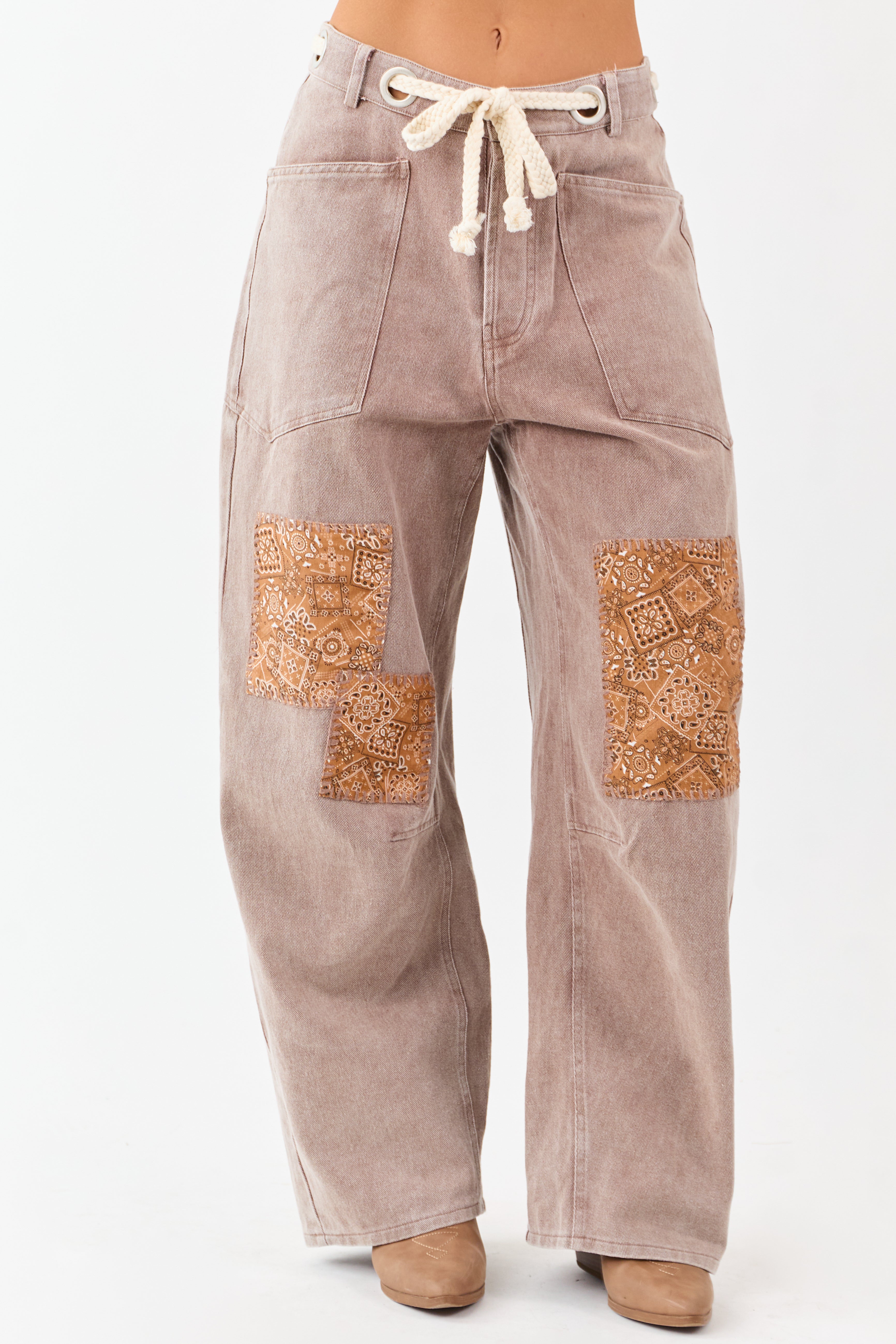 Mocha Denim Paisley Patch Waist Tie Barrel Pants