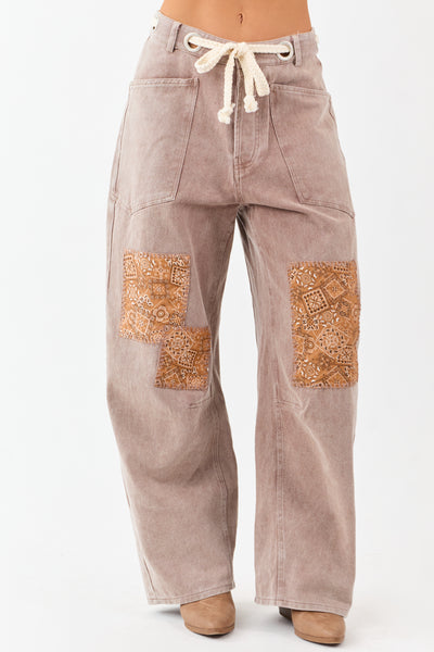 Mocha Denim Paisley Patch Waist Tie Barrel Pants
