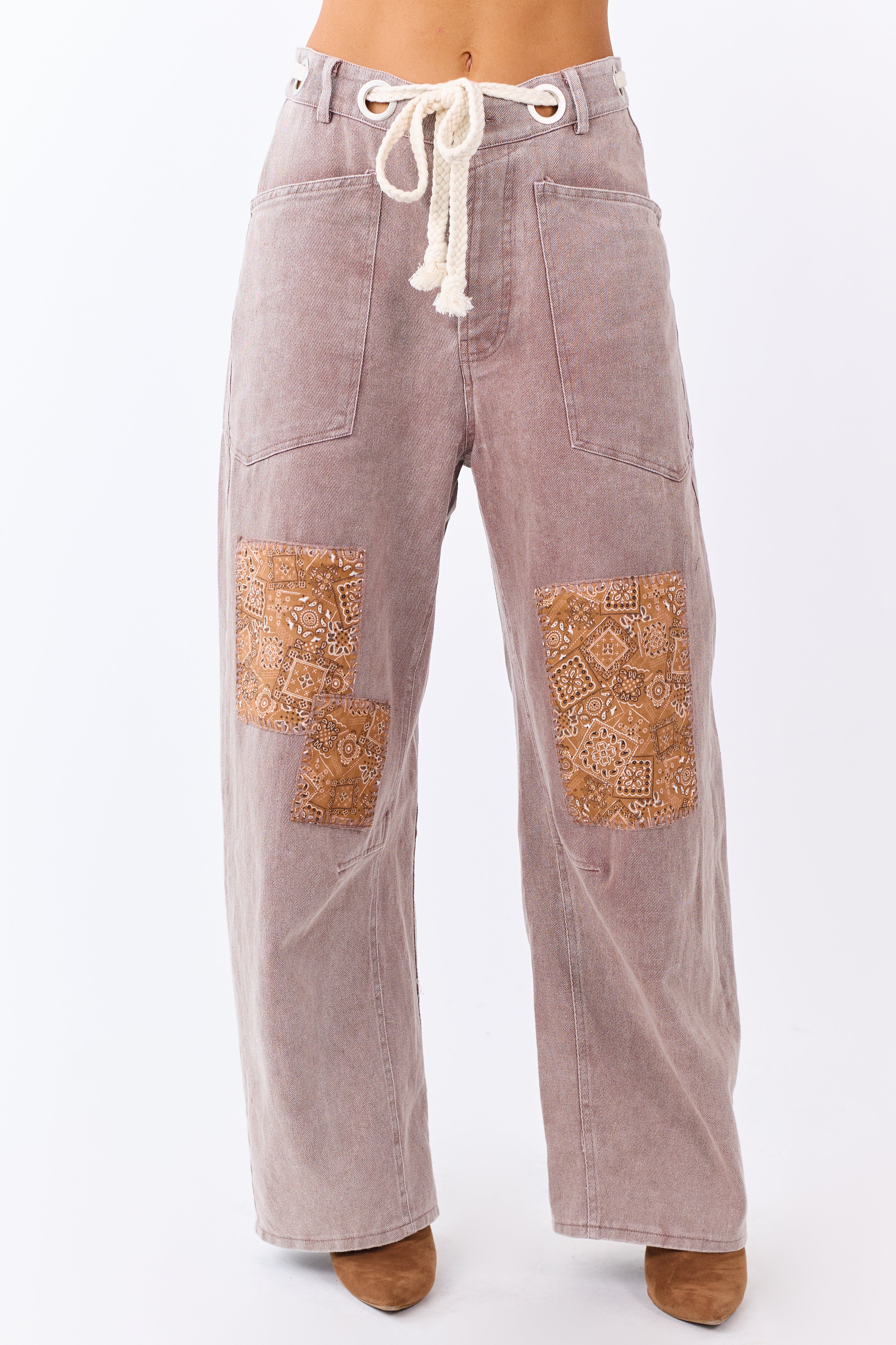 Mocha Denim Paisley Patch Waist Tie Barrel Pants | Lime Lush Boutique
