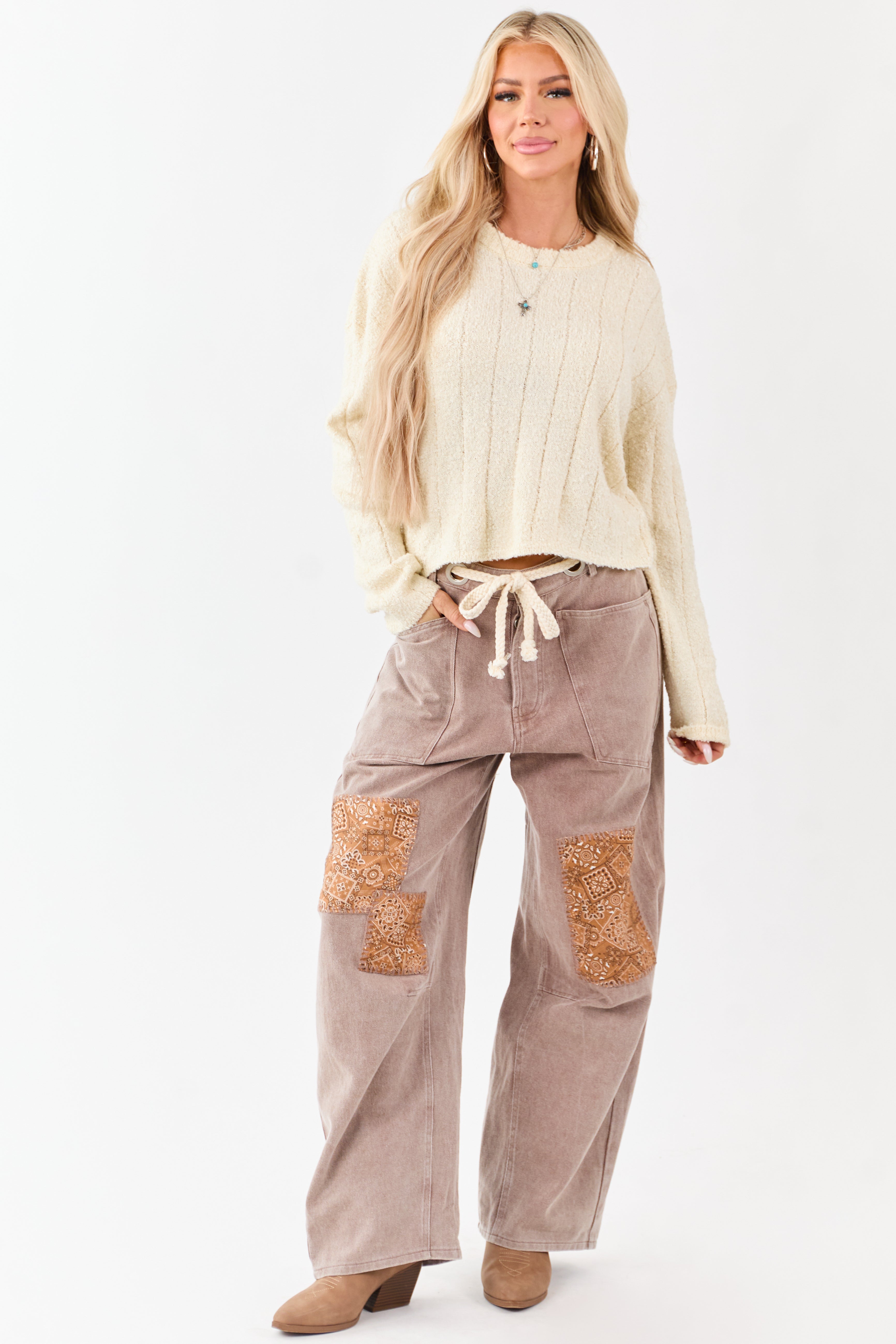 Mocha Denim Paisley Patch Waist Tie Barrel Pants
