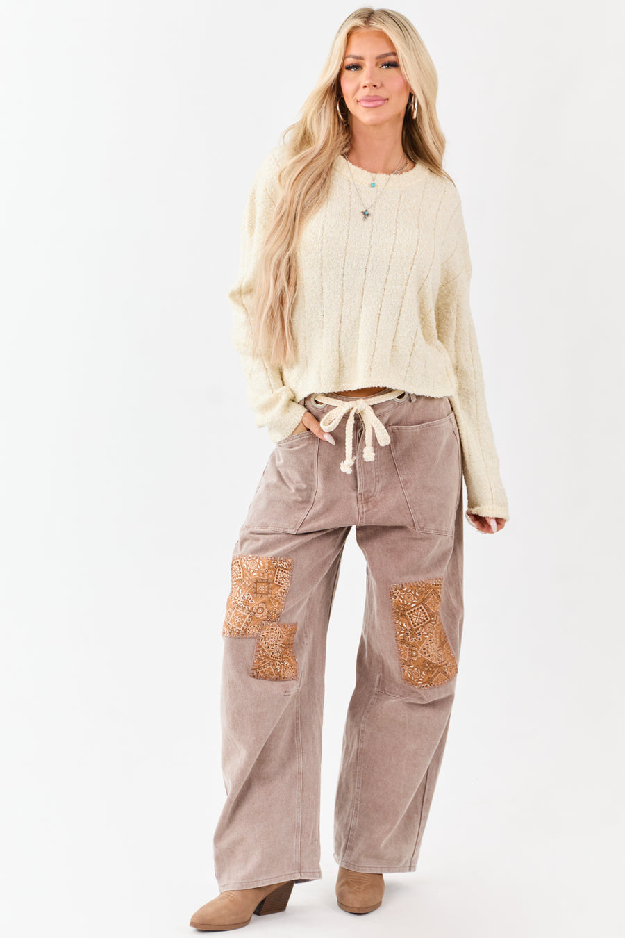 Mocha Denim Paisley Patch Waist Tie Barrel Pants