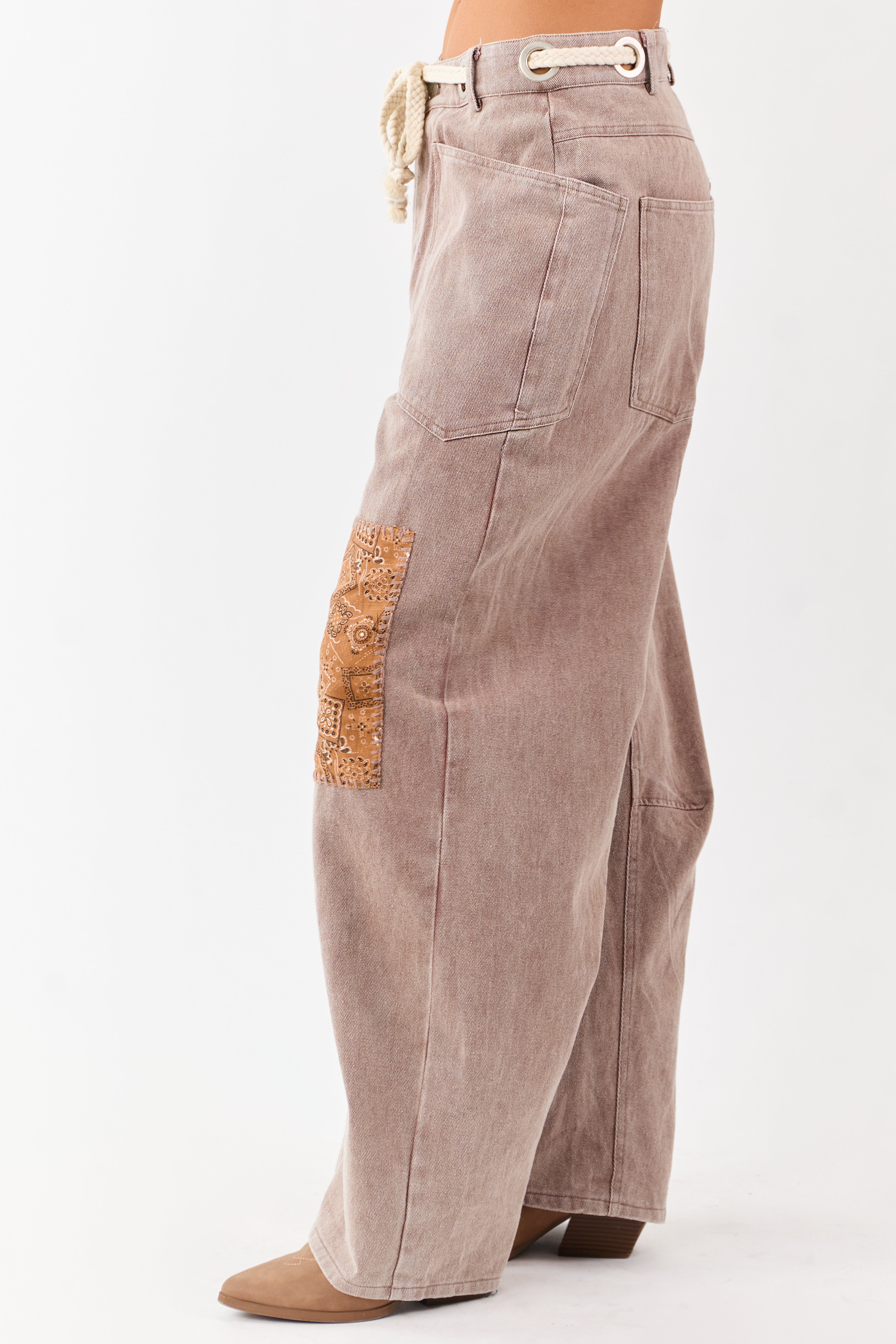 Mocha Denim Paisley Patch Waist Tie Barrel Pants