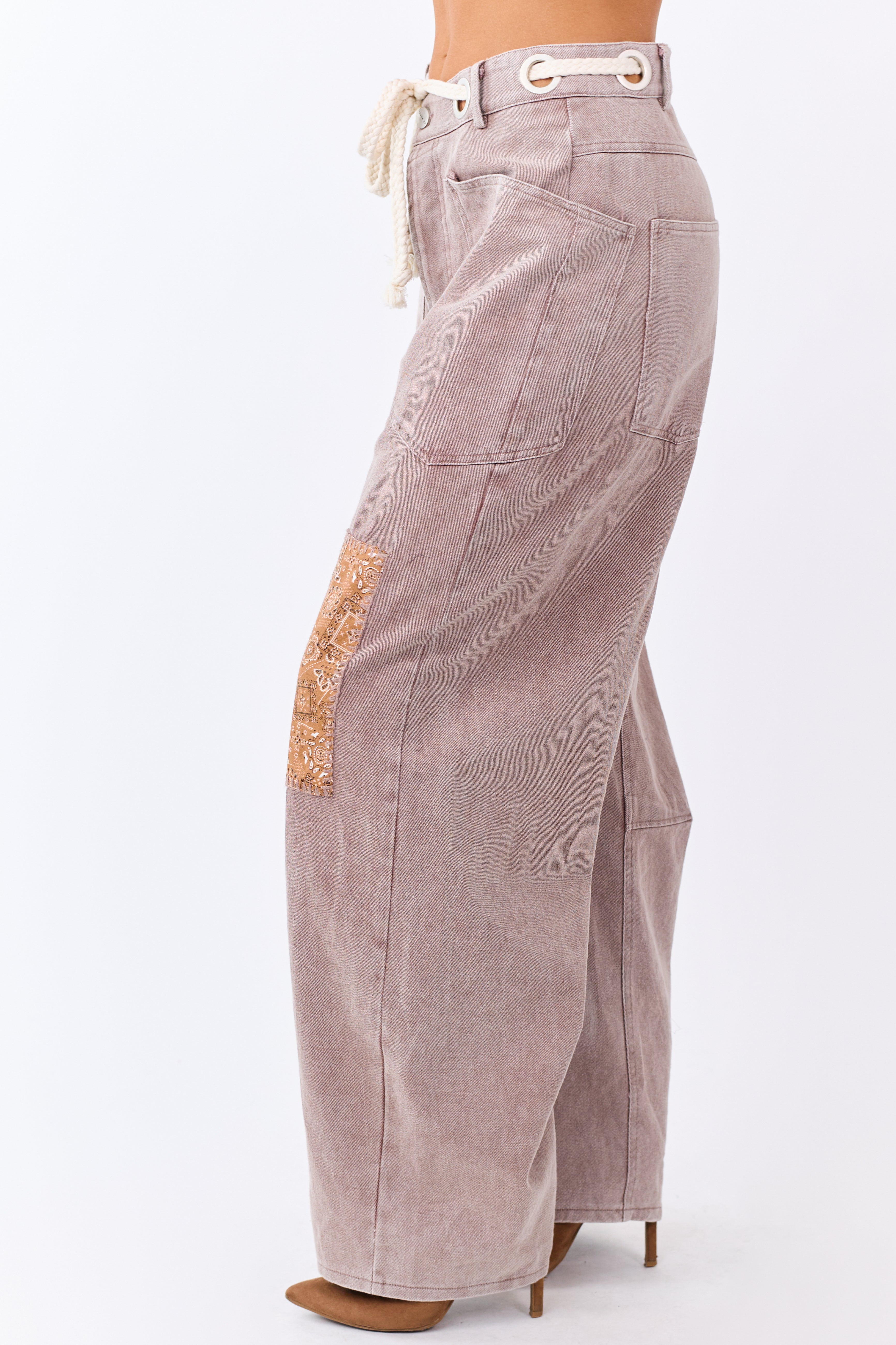 Mocha Denim Paisley Patch Waist Tie Barrel Pants