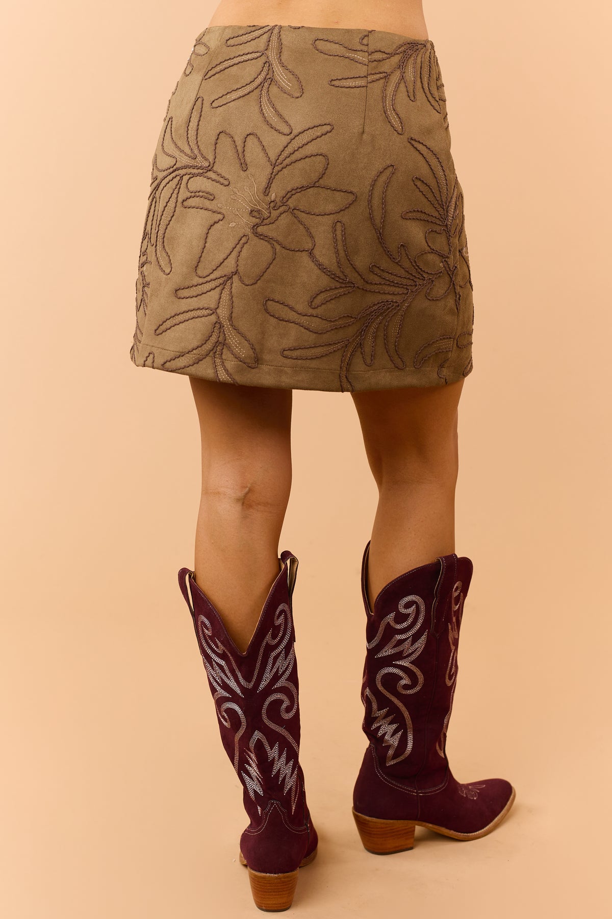 Mocha Floral Embroidered Faux Suede Mini Skirt