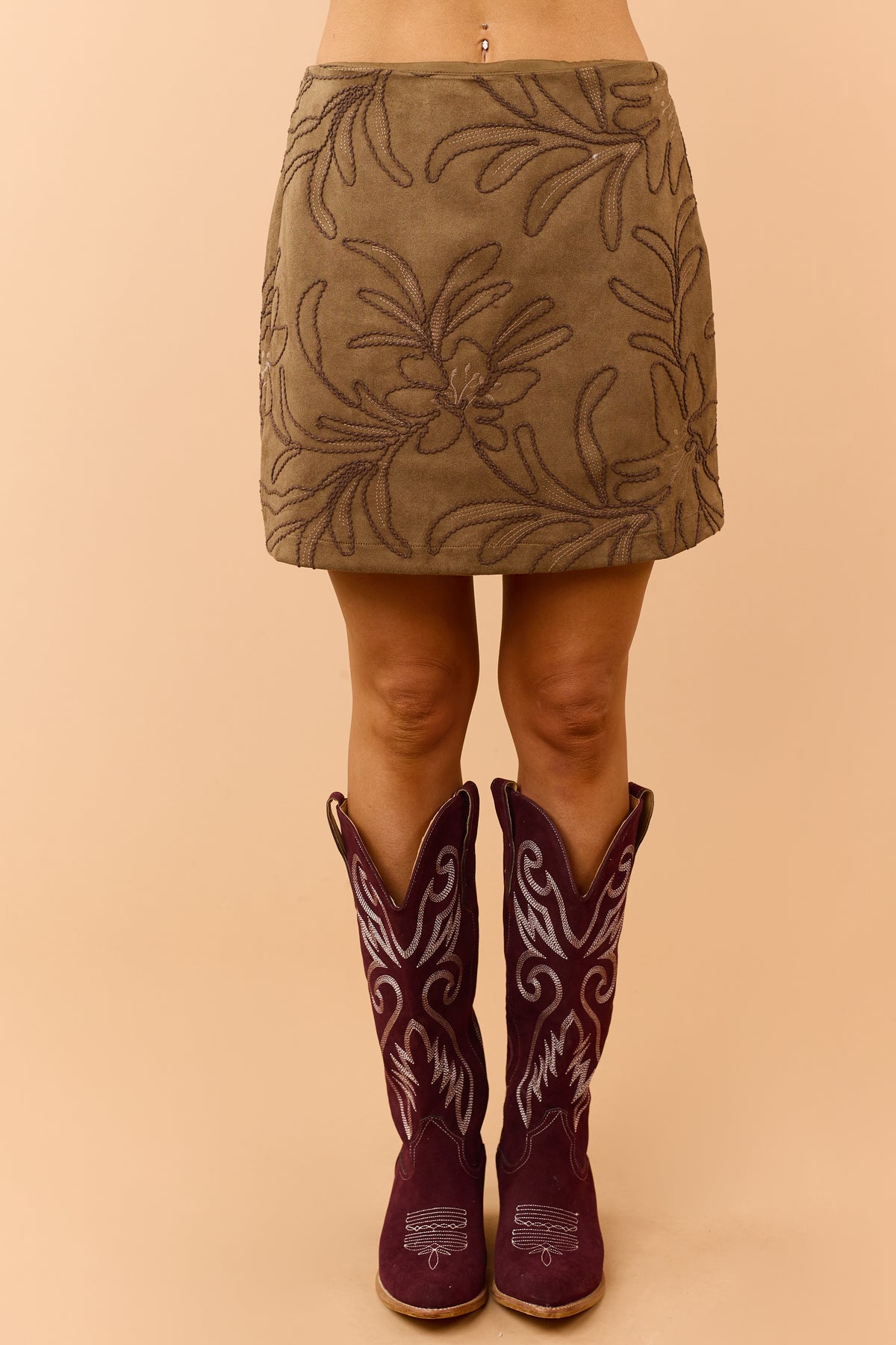 Mocha Floral Embroidered Faux Suede Mini Skirt
