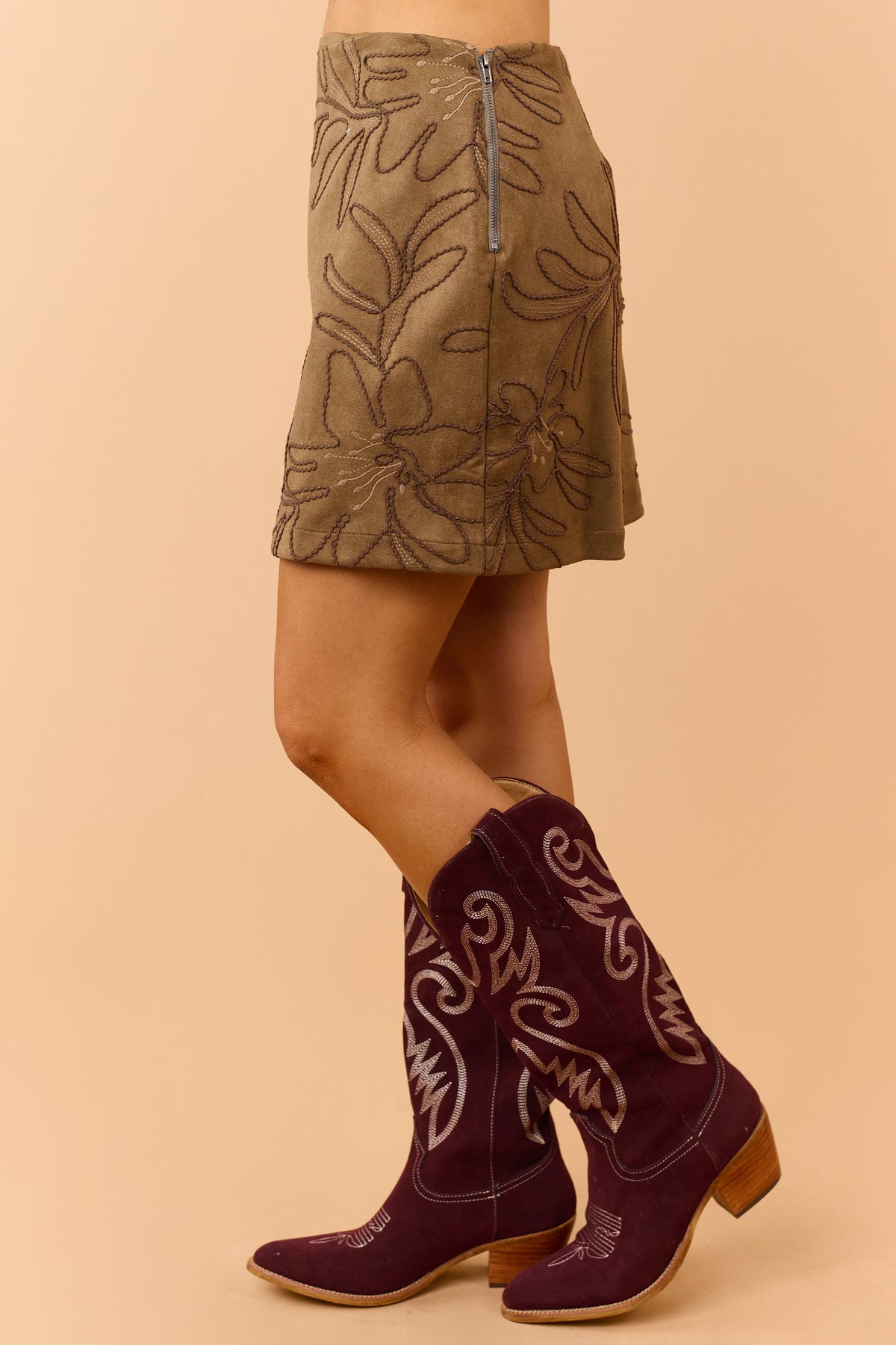 Mocha Floral Embroidered Faux Suede Mini Skirt