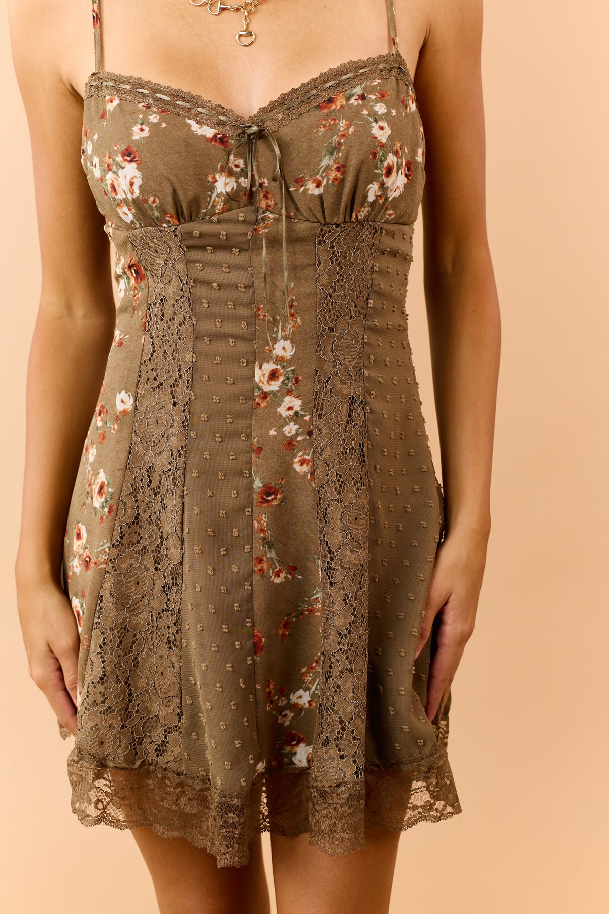 Mocha Floral Print Lace Detail Sleeveless Mini Dress