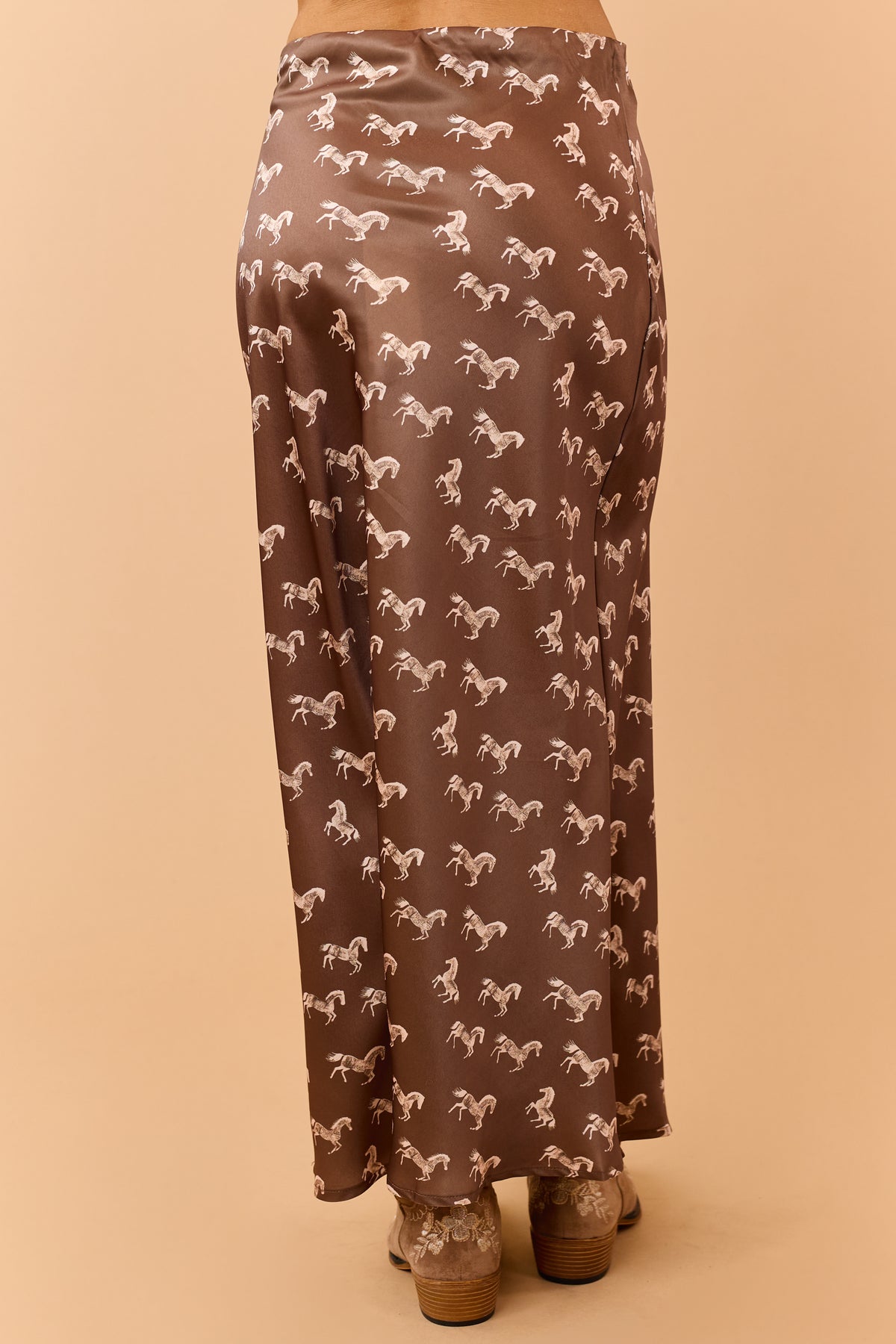 Mocha Horse Print Elastic Waist Satin Midi Skirt