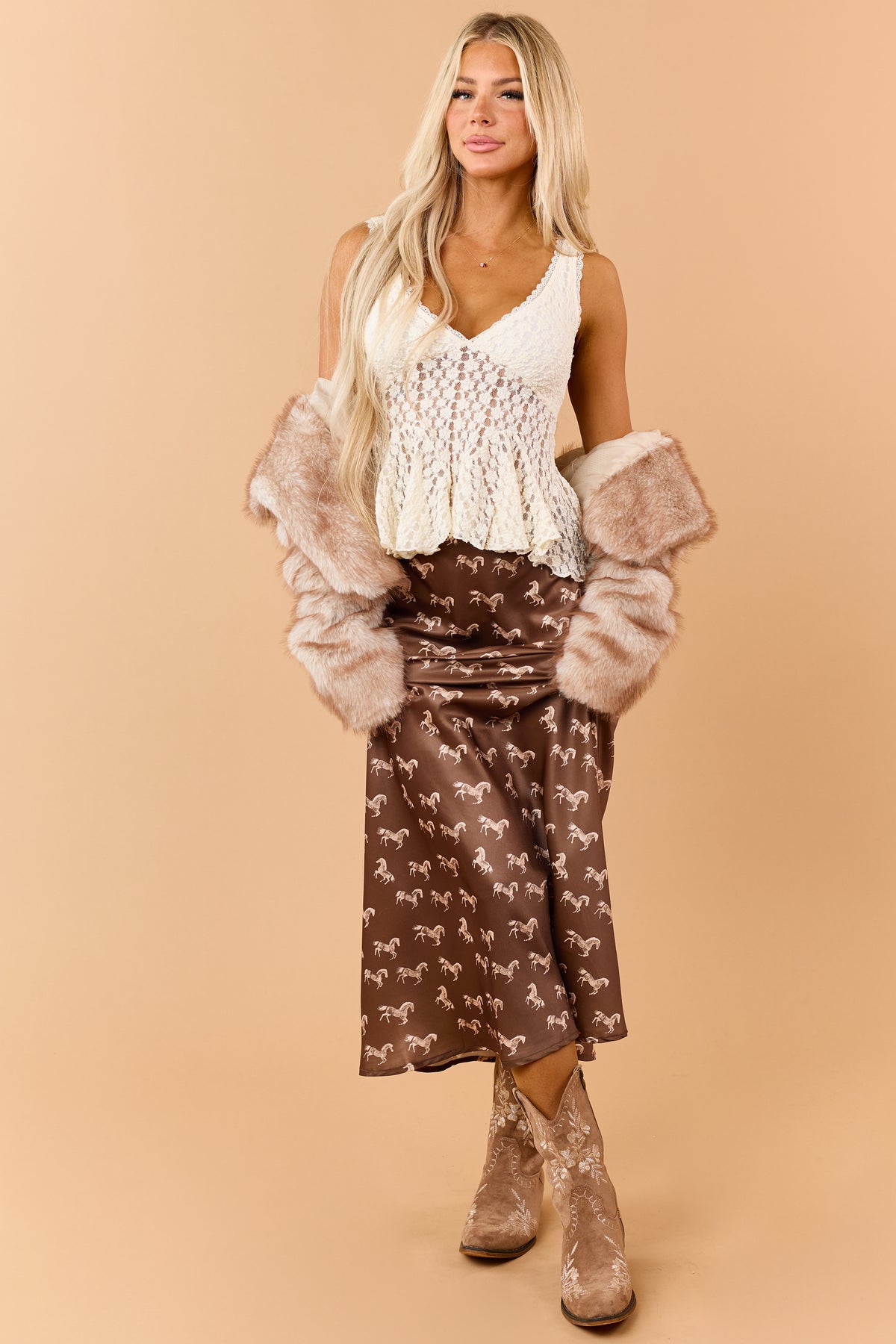 Mocha Horse Print Elastic Waist Satin Midi Skirt