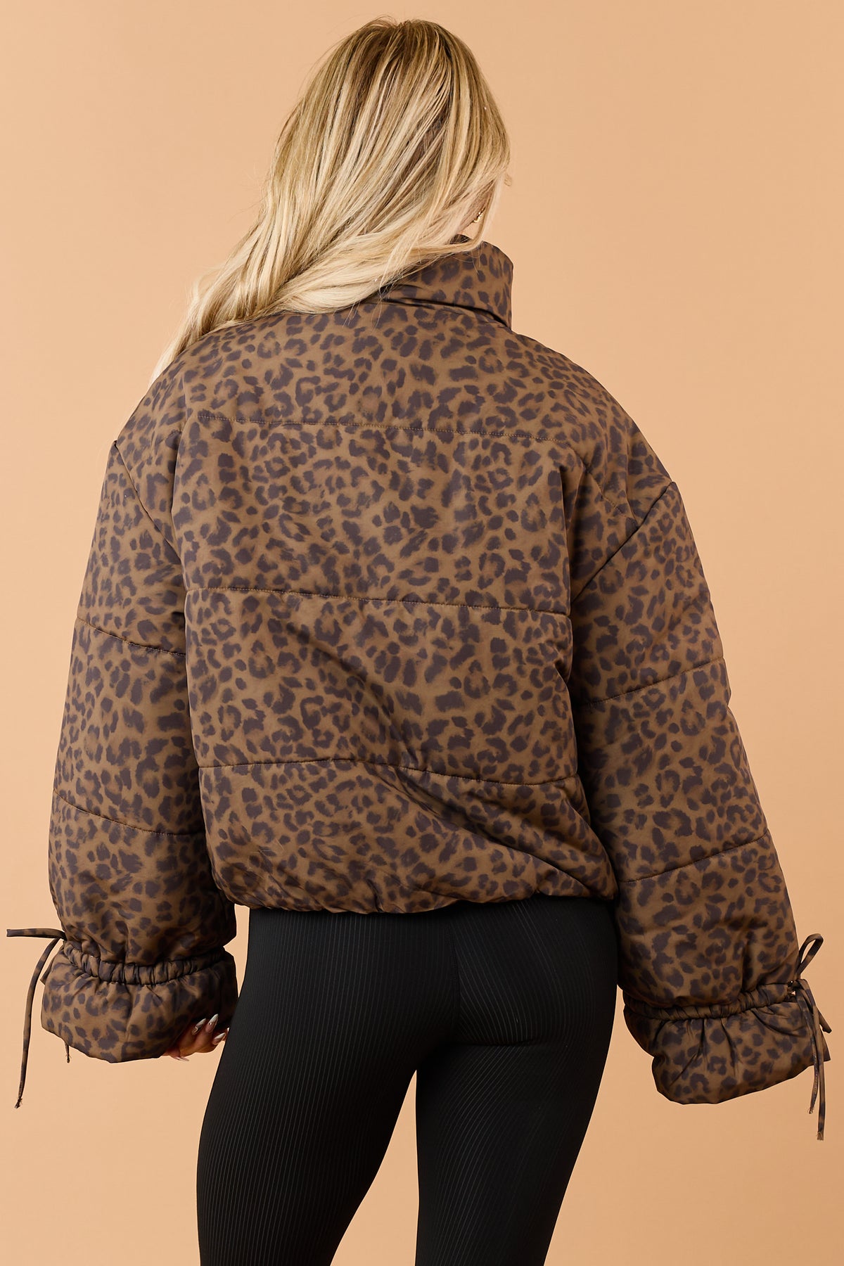 Mocha Leopard Print Zip Up Mock Neck Puffer Coat