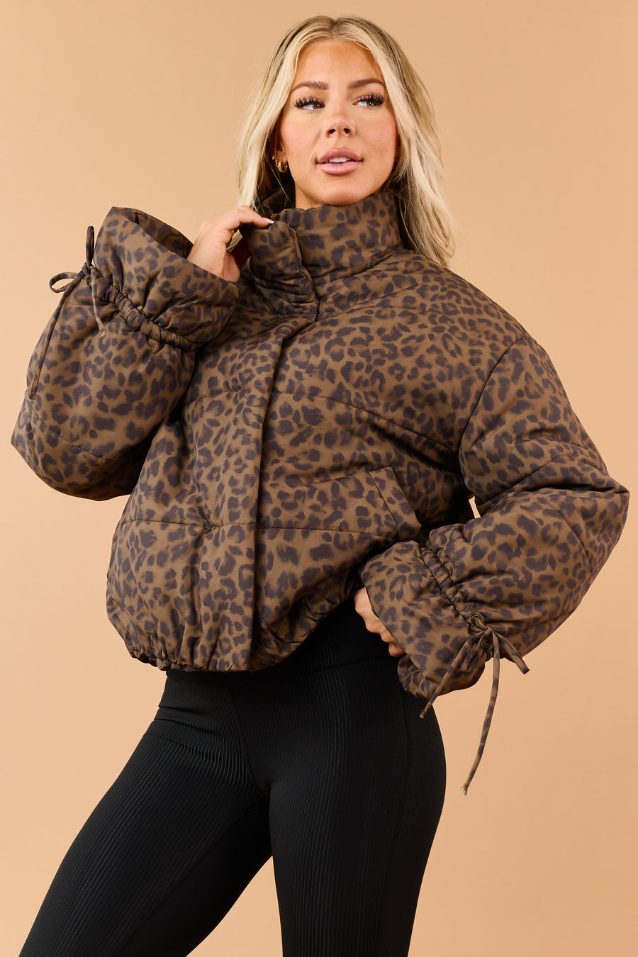 Mocha Leopard Print Zip Up Mock Neck Puffer Coat