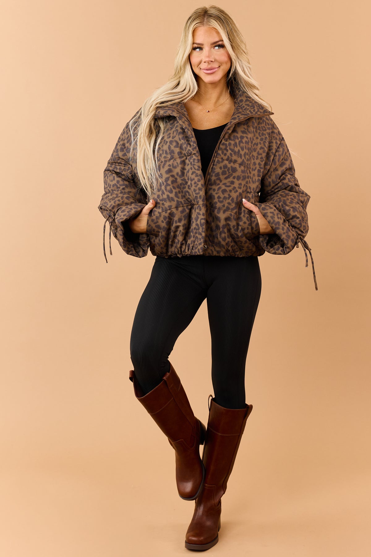 Mocha Leopard Print Zip Up Mock Neck Puffer Coat