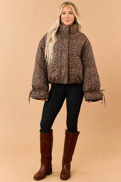 Mocha Leopard Print Zip Up Mock Neck Puffer Coat