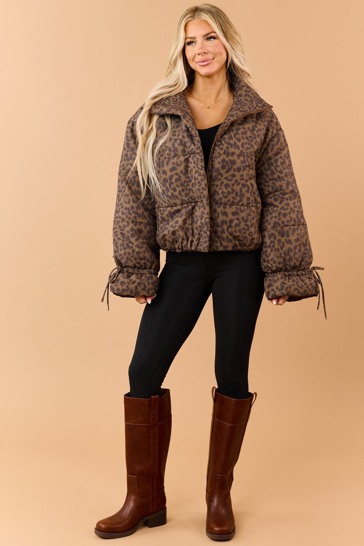 Mocha Leopard Print Zip Up Mock Neck Puffer Coat