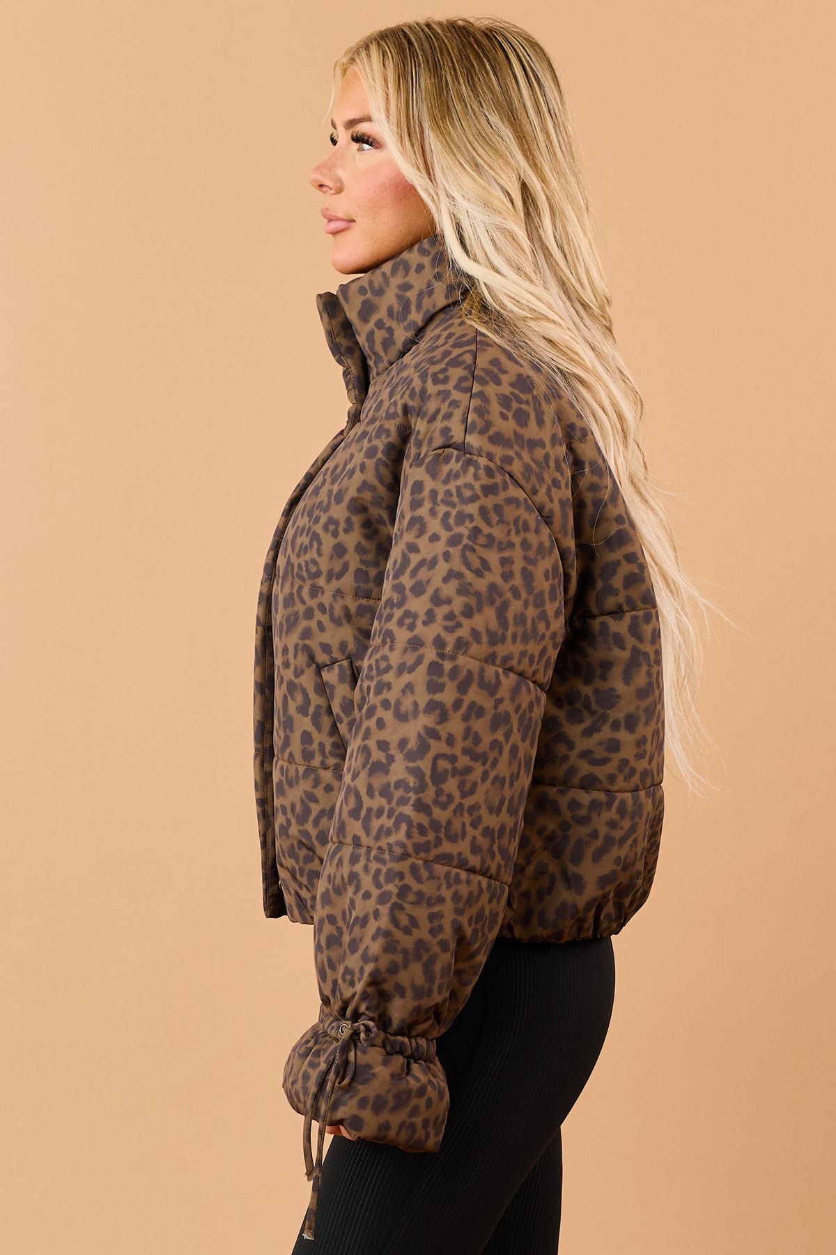 Mocha Leopard Print Zip Up Mock Neck Puffer Coat