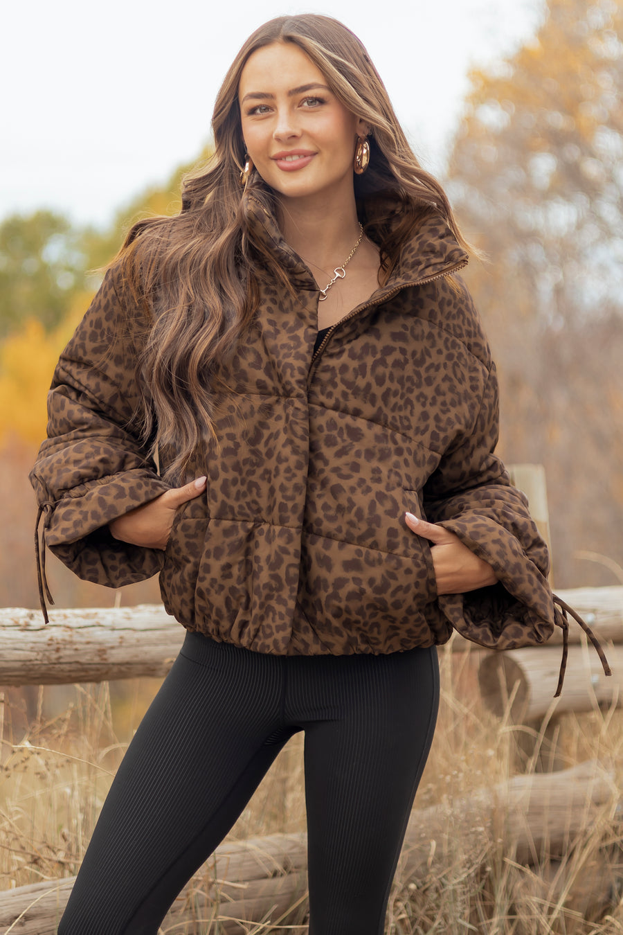 Mocha Leopard Print Zip Up Mock Neck Puffer Coat