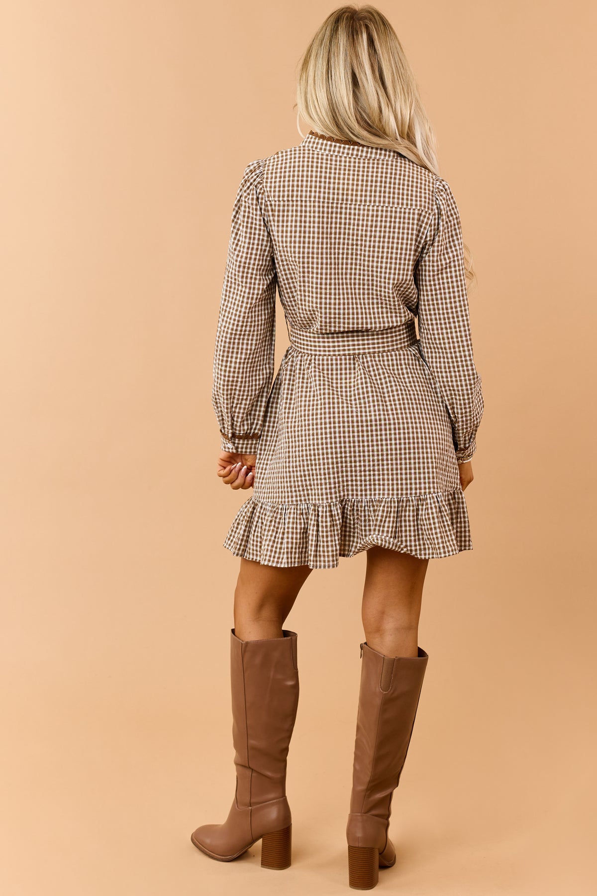 Mocha Plaid Cotton Scallop Trim Waist Tie Mini Dress