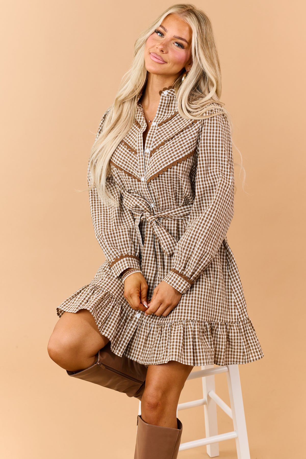 Mocha Plaid Cotton Scallop Trim Waist Tie Mini Dress