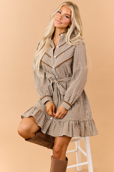 Mocha Plaid Cotton Scallop Trim Waist Tie Mini Dress