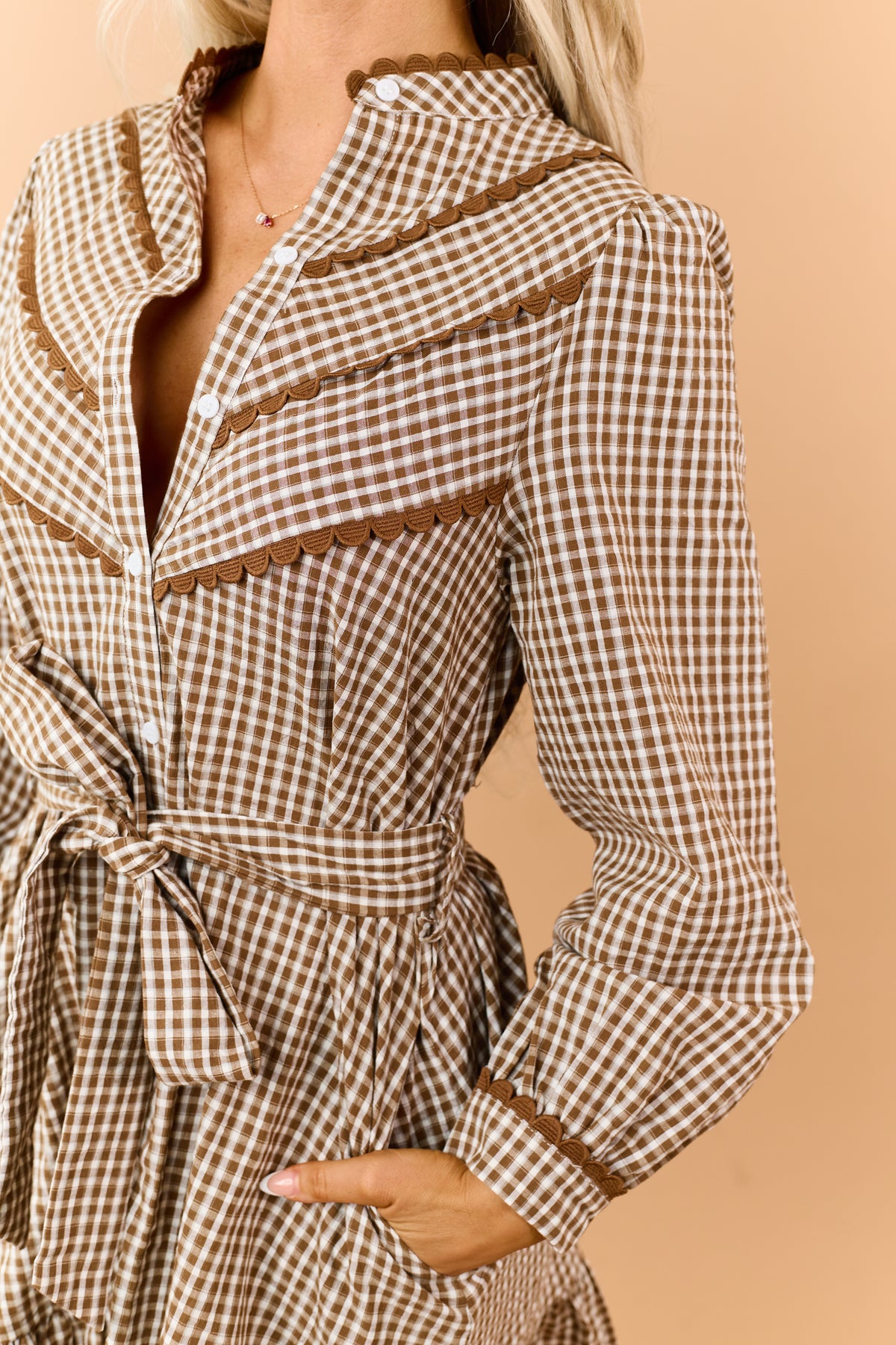 Mocha Plaid Cotton Scallop Trim Waist Tie Mini Dress