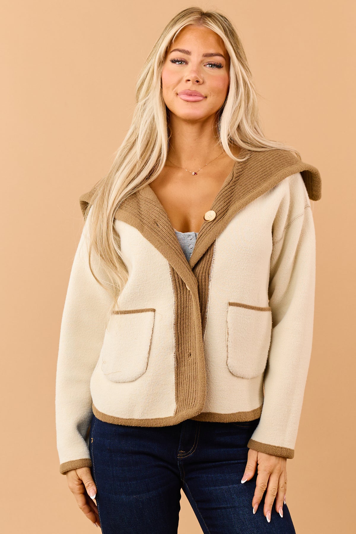 Mocha Reversible Ribbed Trim Button Down Knit Jacket