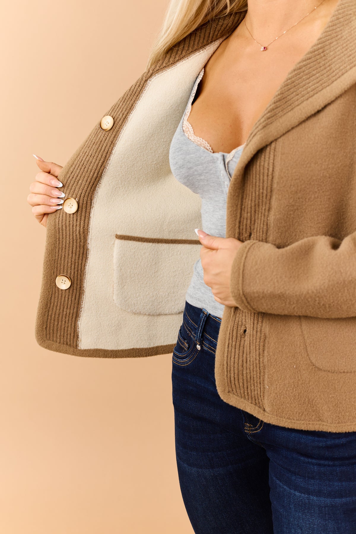 Mocha Reversible Ribbed Trim Button Down Knit Jacket