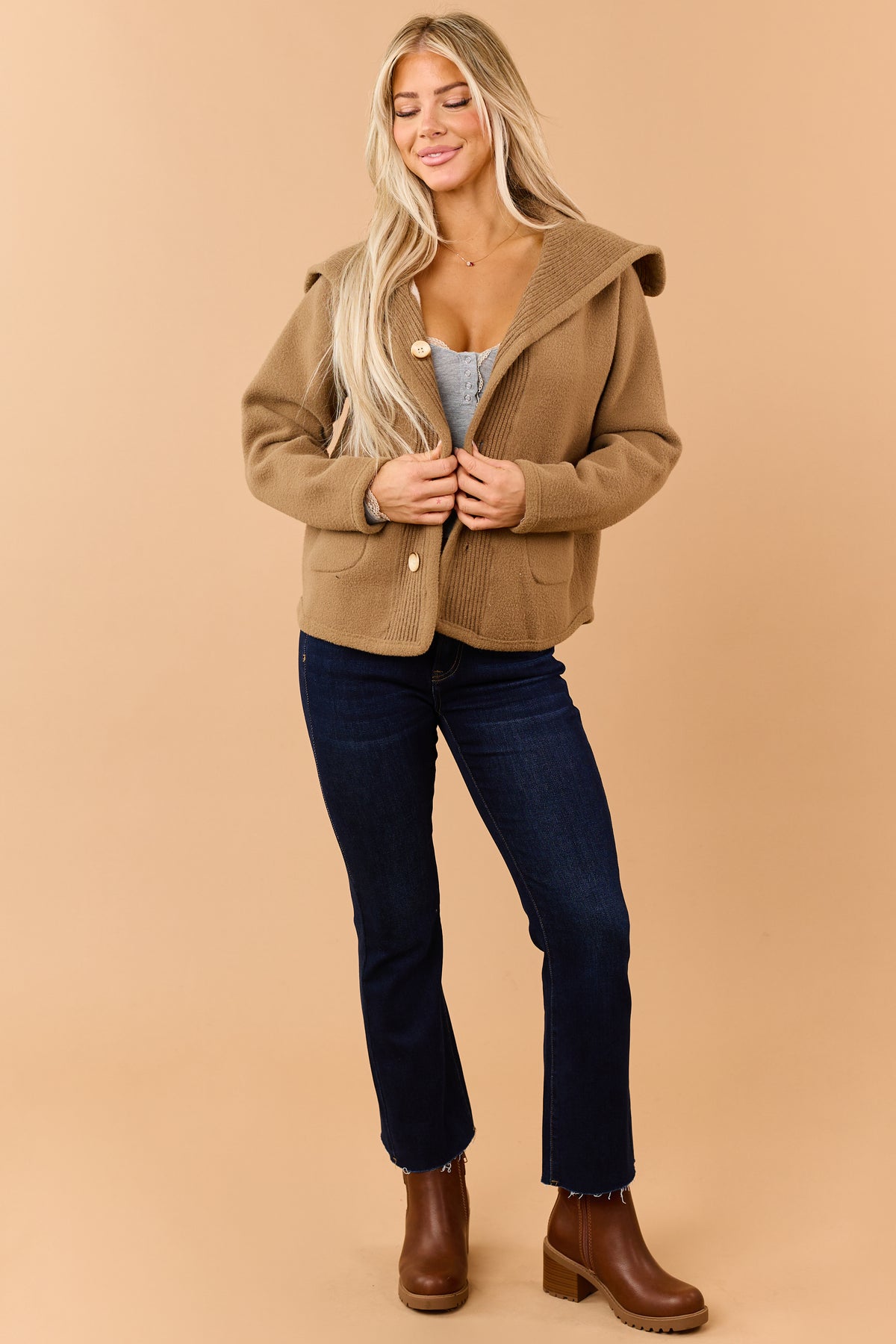 Mocha Reversible Ribbed Trim Button Down Knit Jacket