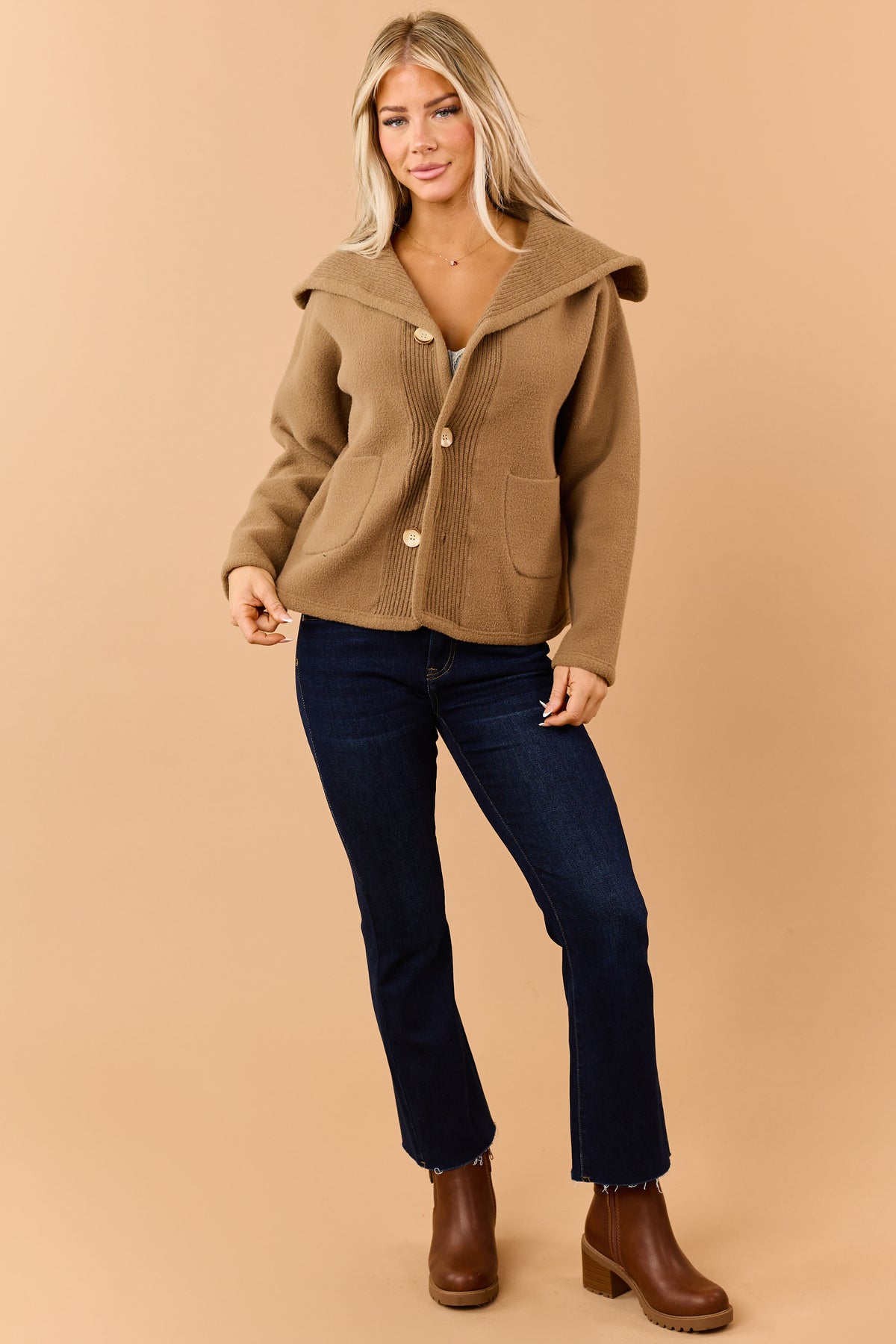 Mocha Reversible Ribbed Trim Button Down Knit Jacket