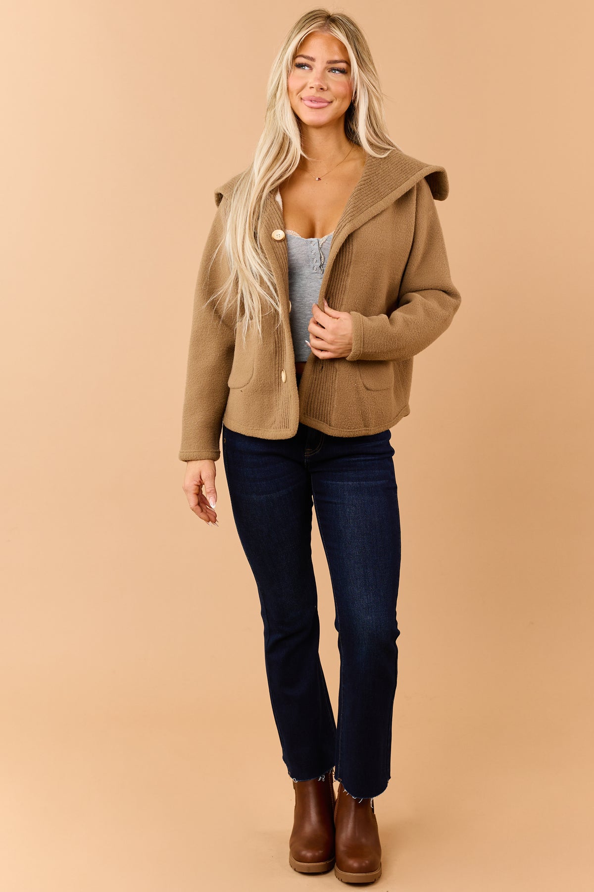 Mocha Reversible Ribbed Trim Button Down Knit Jacket