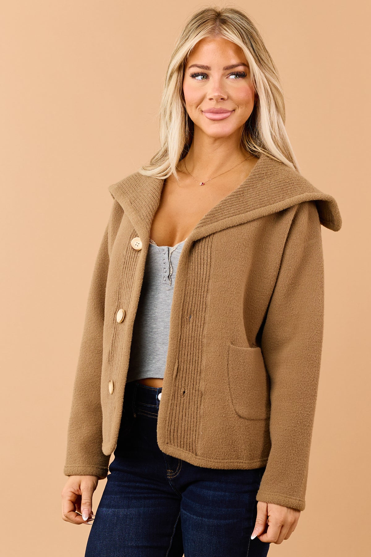 Mocha Reversible Ribbed Trim Button Down Knit Jacket