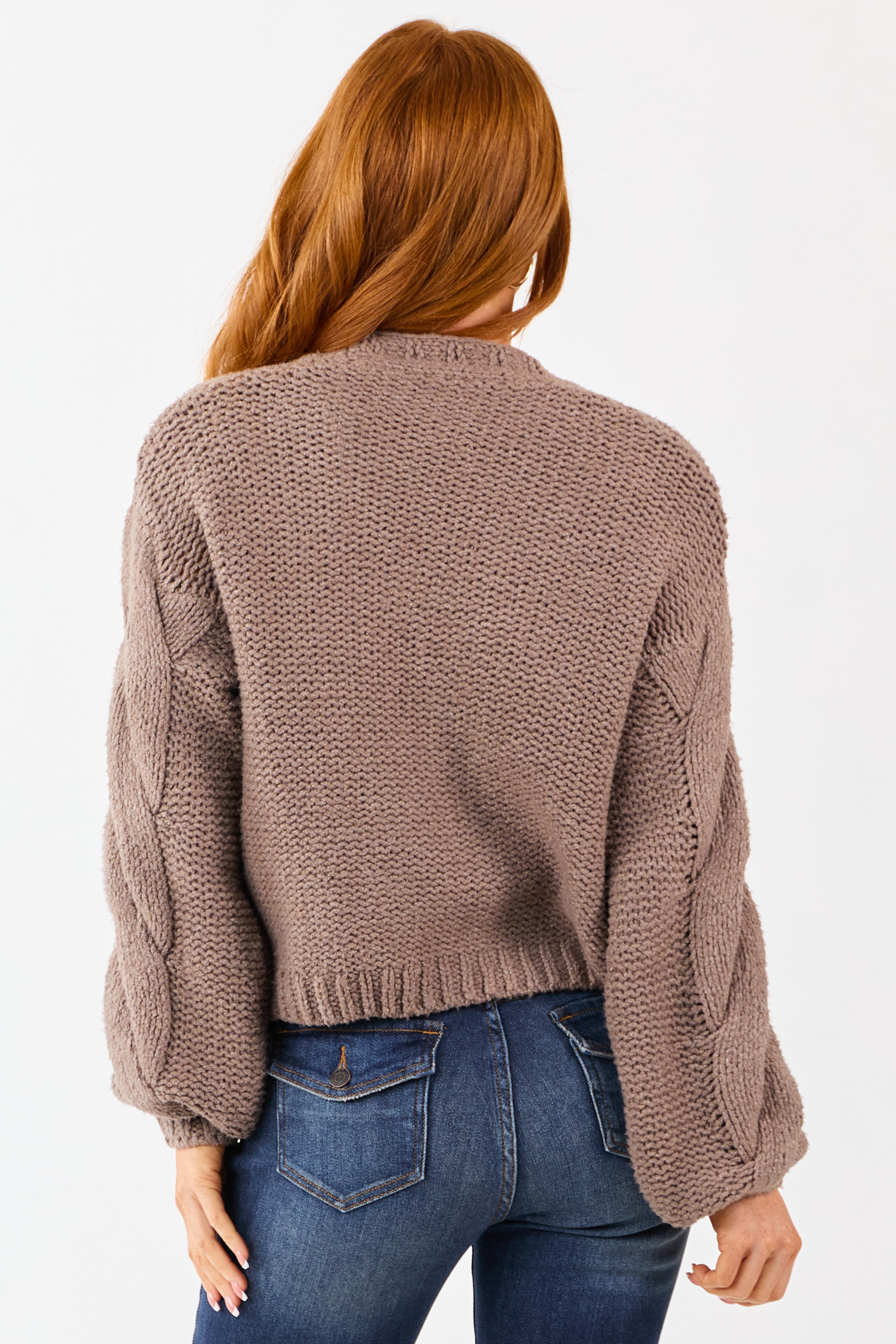 Mocha Soft Cable Knit Puff Sleeve Sweater Cardigan
