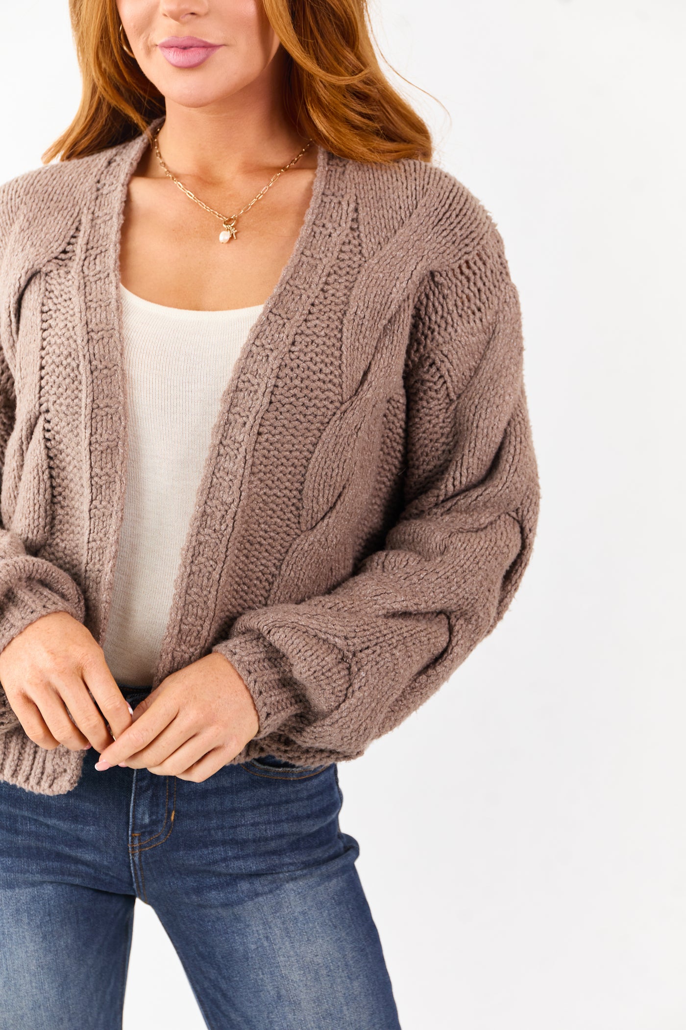 Mocha Soft Cable Knit Puff Sleeve Sweater Cardigan
