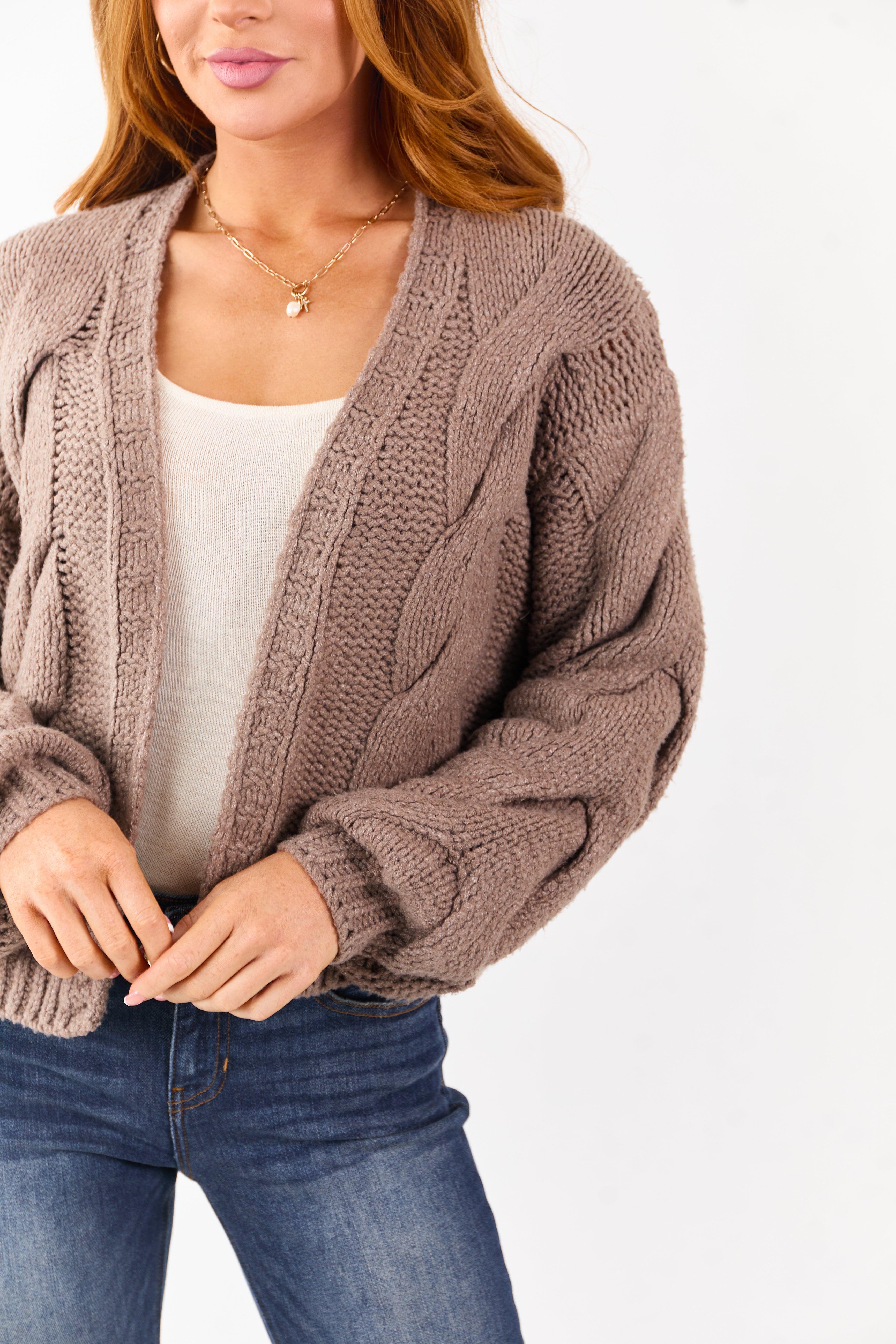 Mocha Soft Cable Knit Puff Sleeve Sweater Cardigan