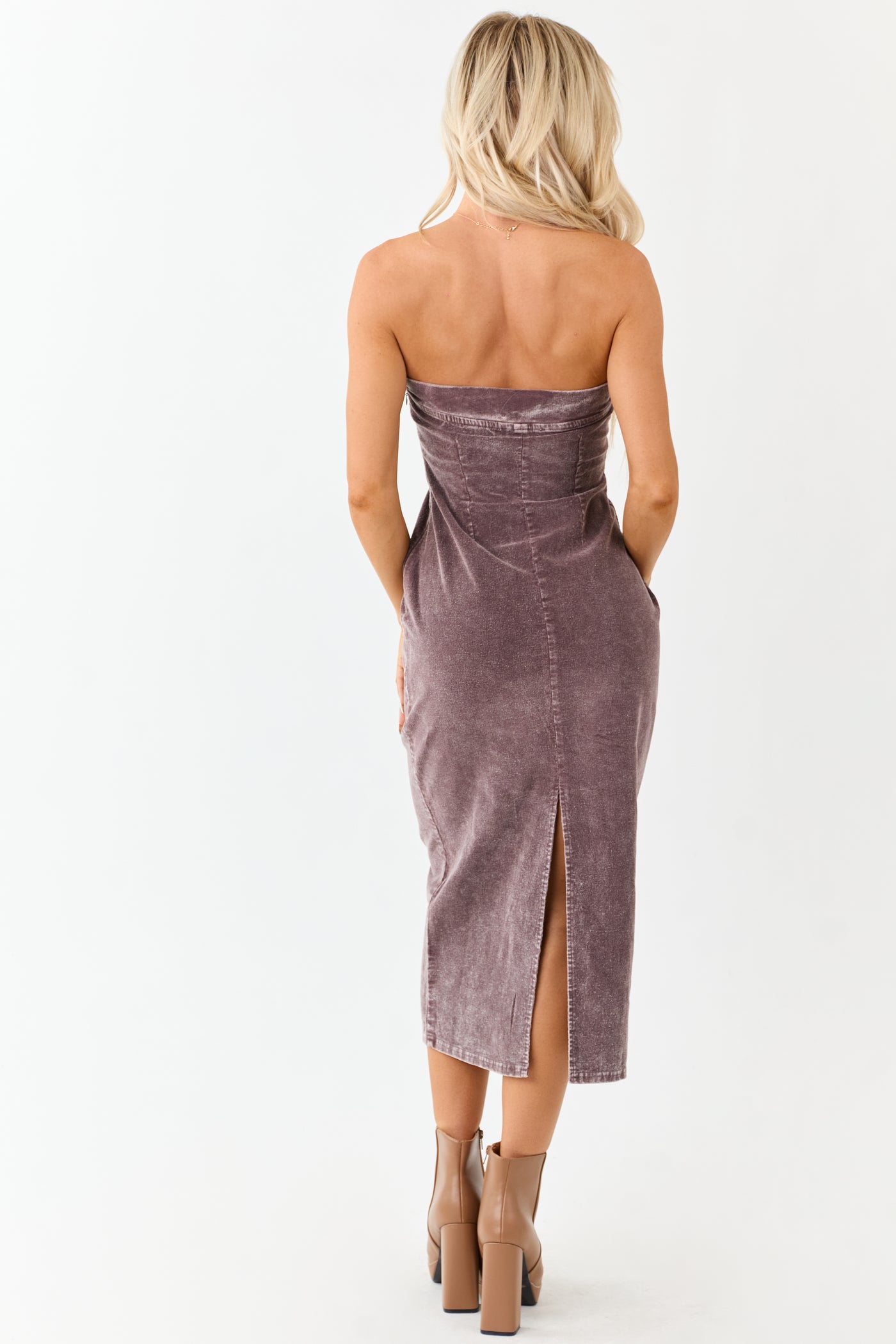 Mocha Strapless Mineral Washed Corduroy Midi Dress