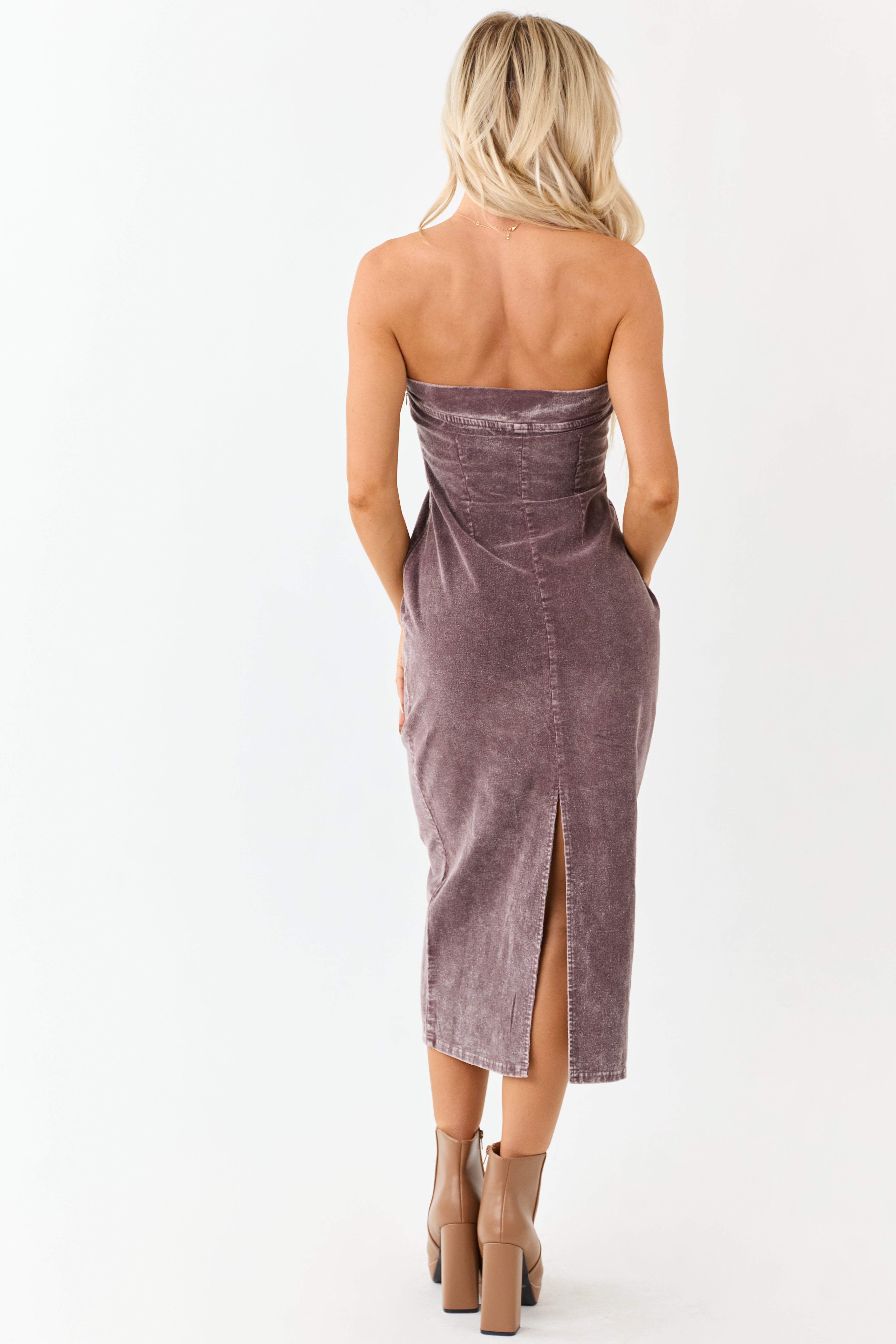 Mocha Strapless Mineral Washed Corduroy Midi Dress