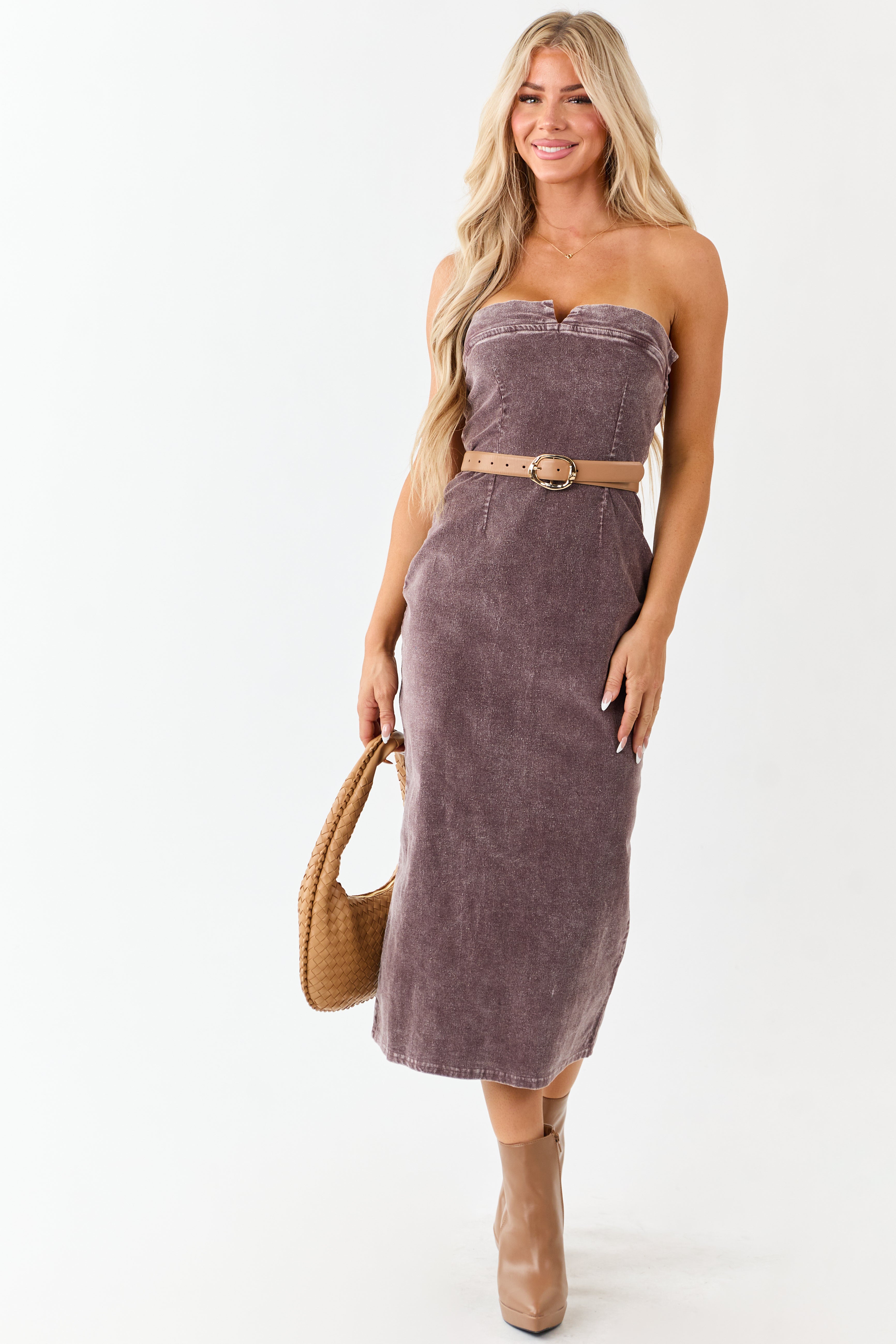 Mocha Strapless Mineral Washed Corduroy Midi Dress