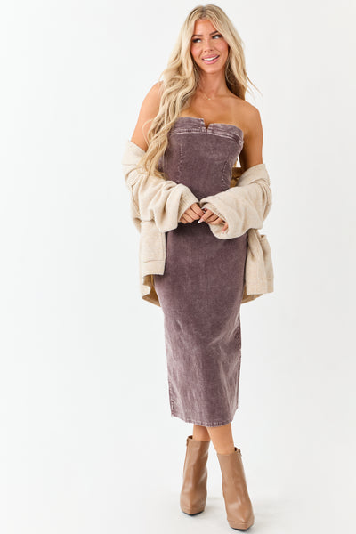 Mocha Strapless Mineral Washed Corduroy Midi Dress