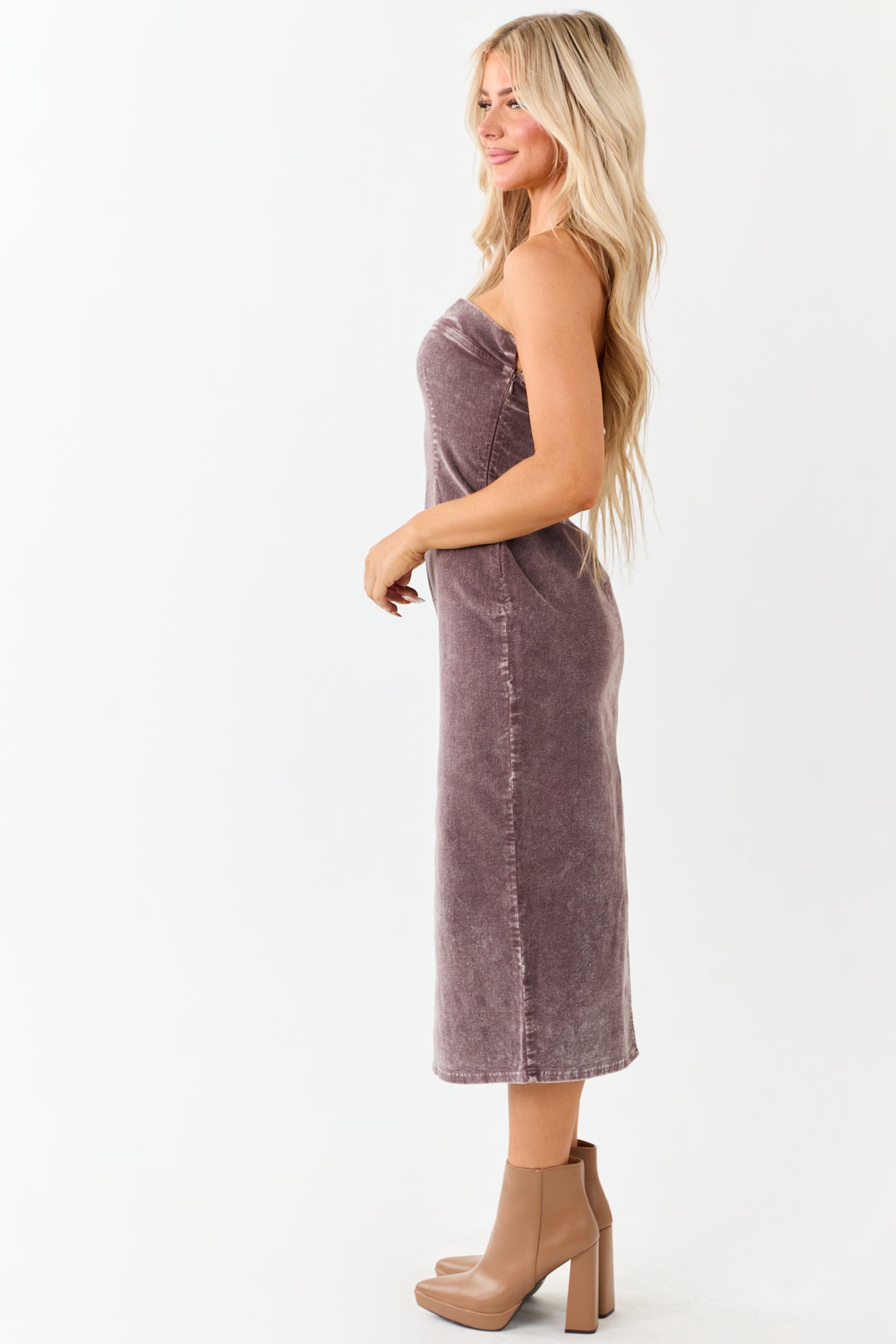 Mocha Strapless Mineral Washed Corduroy Midi Dress