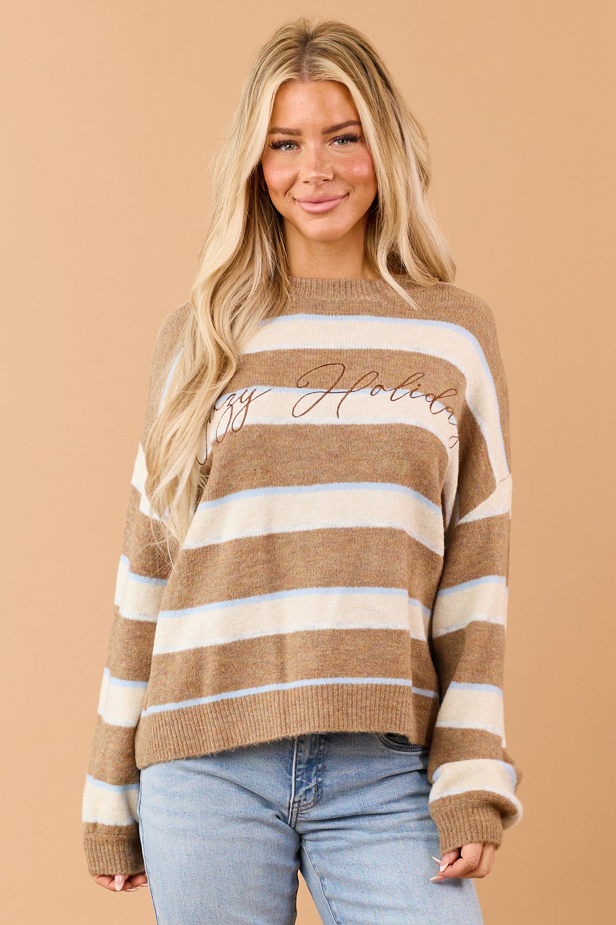 Mocha Striped 'Cozy Holiday' Embroidered Sweater