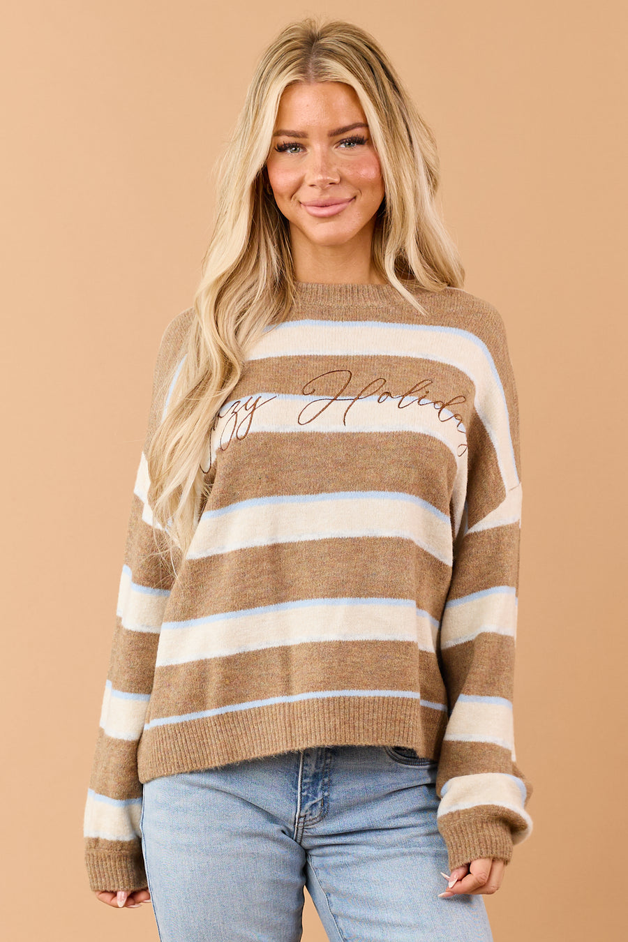 Mocha Striped 'Cozy Holiday' Embroidered Sweater
