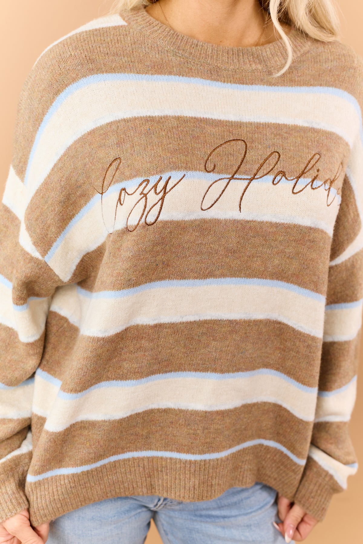Mocha Striped 'Cozy Holiday' Embroidered Sweater