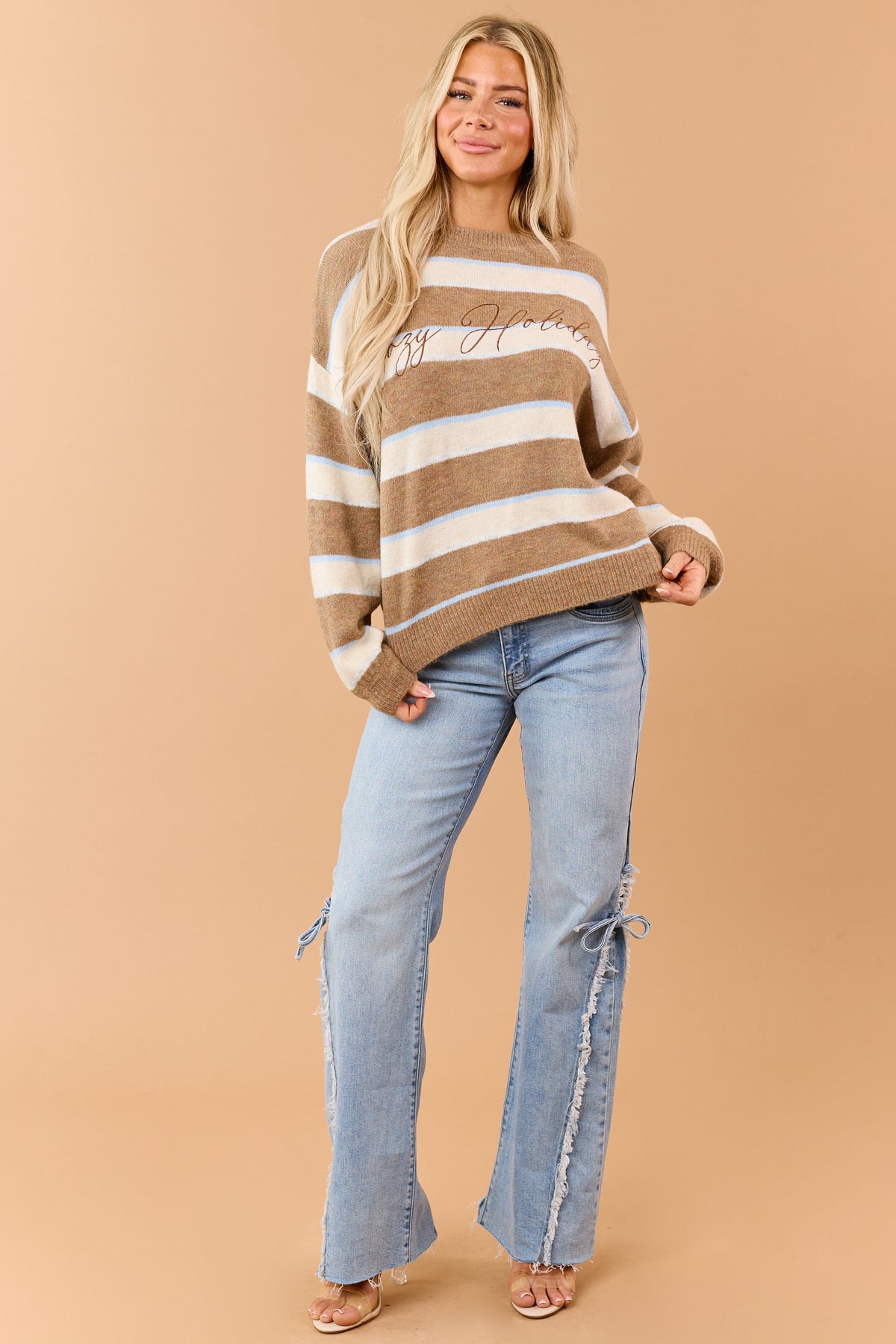 Mocha Striped 'Cozy Holiday' Embroidered Sweater
