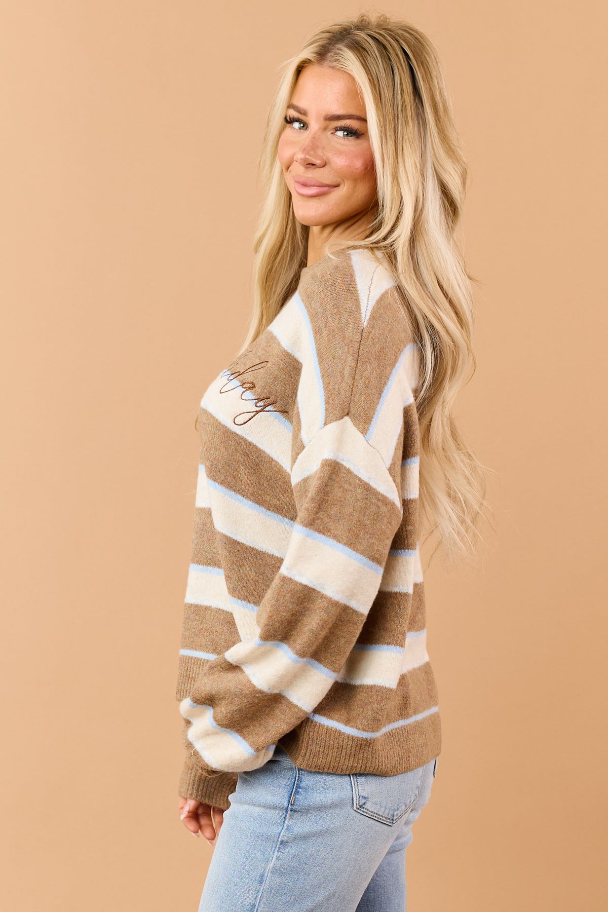Mocha Striped 'Cozy Holiday' Embroidered Sweater
