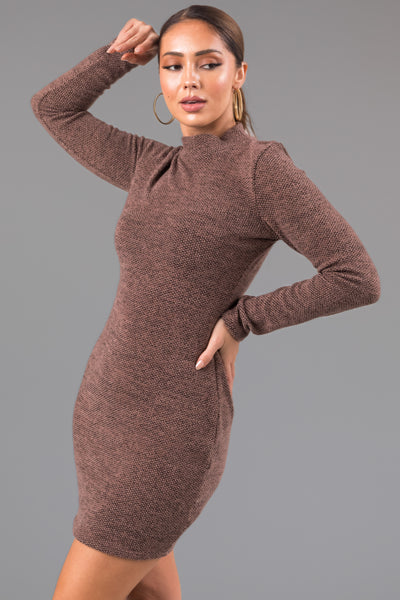 Mocha Two Tone Mock Neck Mini Sweater Dress